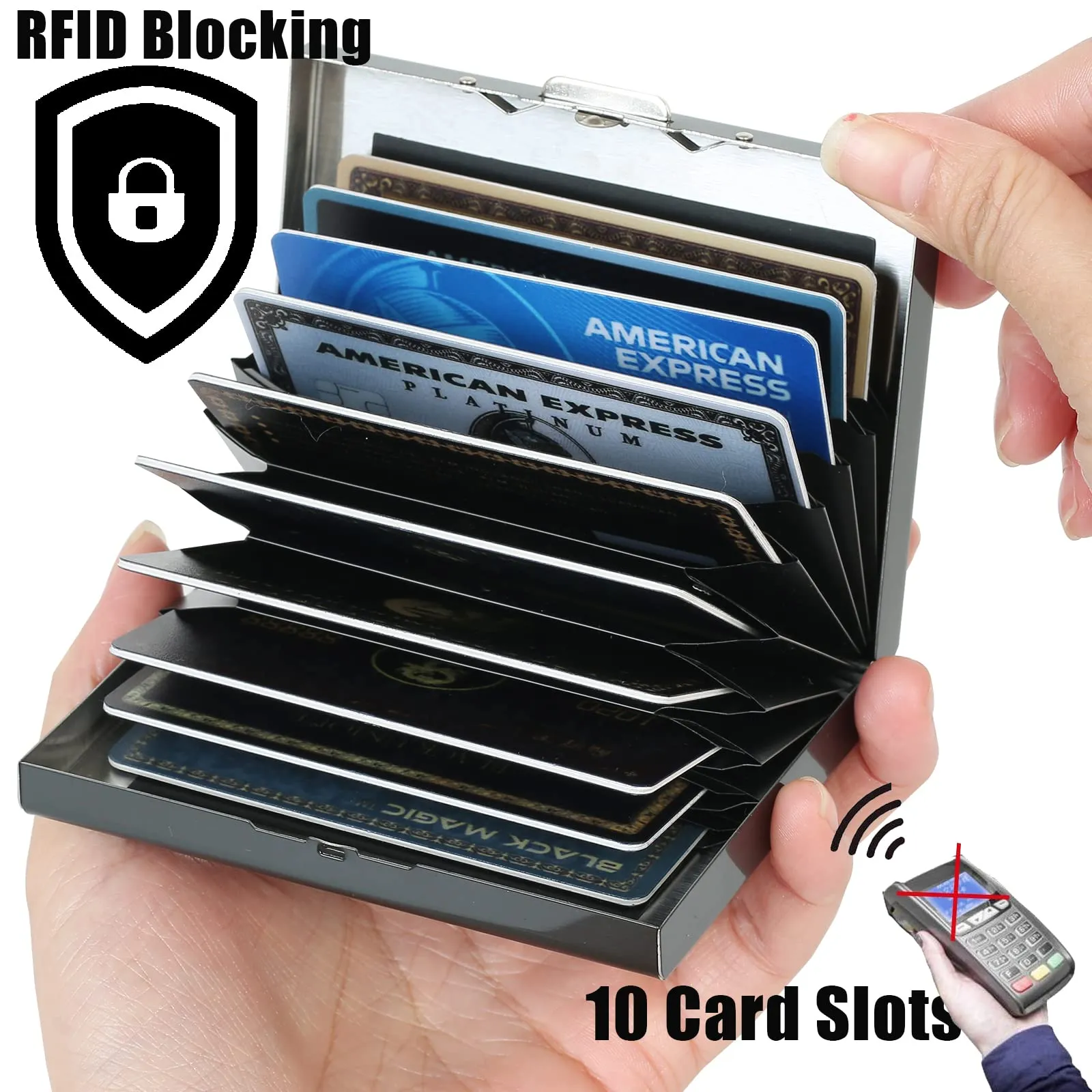 BONSYL Porta Carte di Credito in Metallo con Blocco RFID, Portafoglio in Acciaio Inossidabile, 10 Fessure per Carte, Nero Fiore - immagine 2