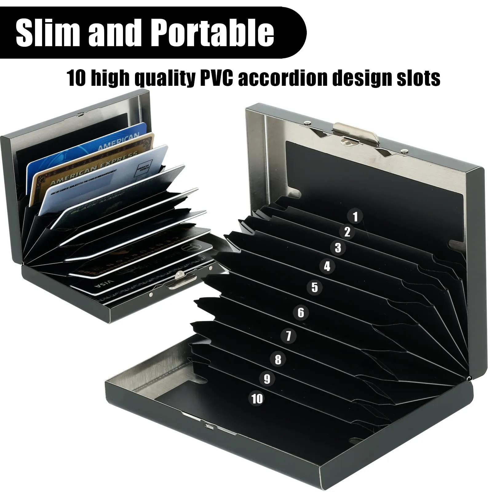 BONSYL Porta Carte di Credito in Metallo con Blocco RFID, Portafoglio in Acciaio Inossidabile, 10 Fessure per Carte, Nero Fiore - immagine 3