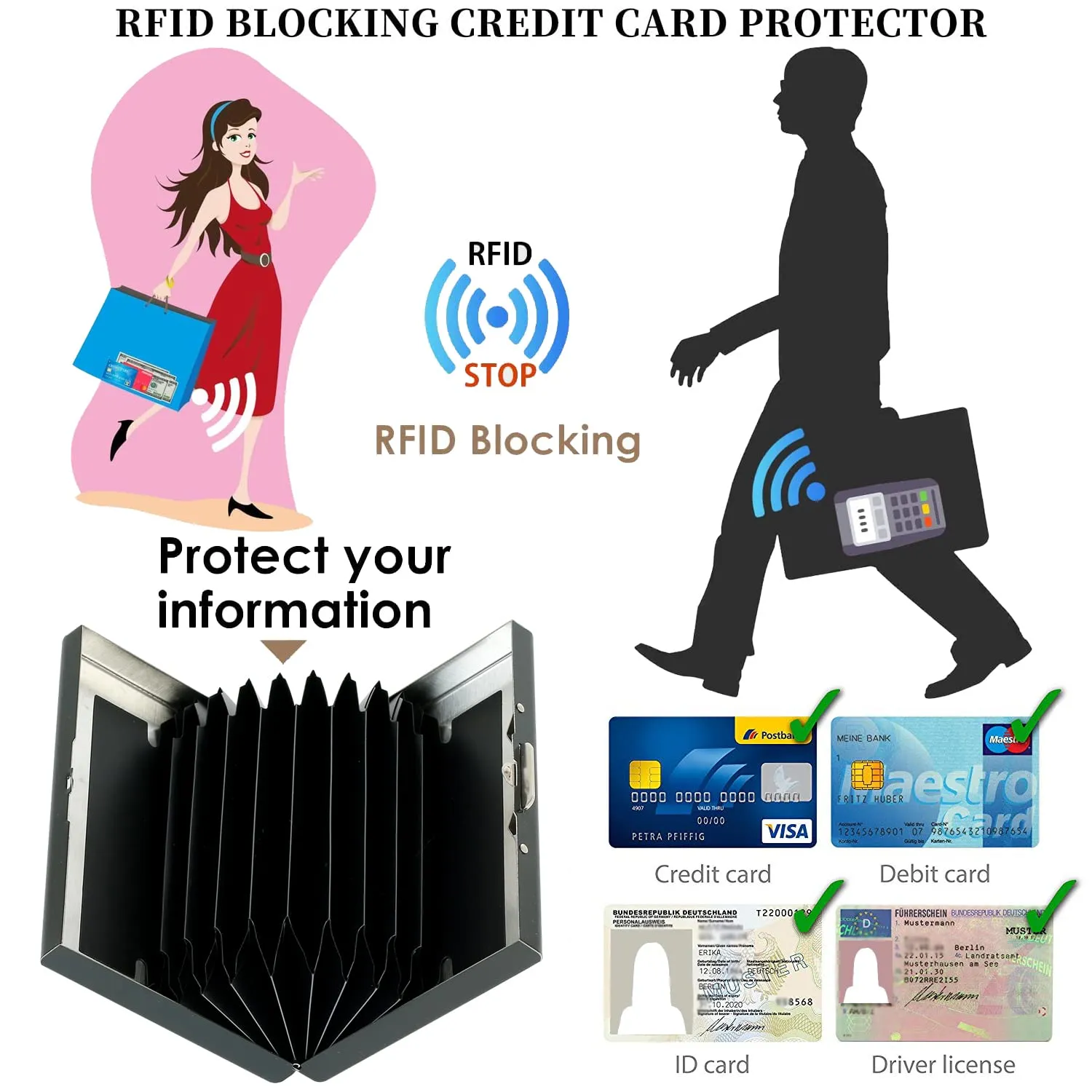 BONSYL Porta Carte di Credito in Metallo con Blocco RFID, Portafoglio in Acciaio Inossidabile, 10 Fessure per Carte, Nero Fiore - immagine 5
