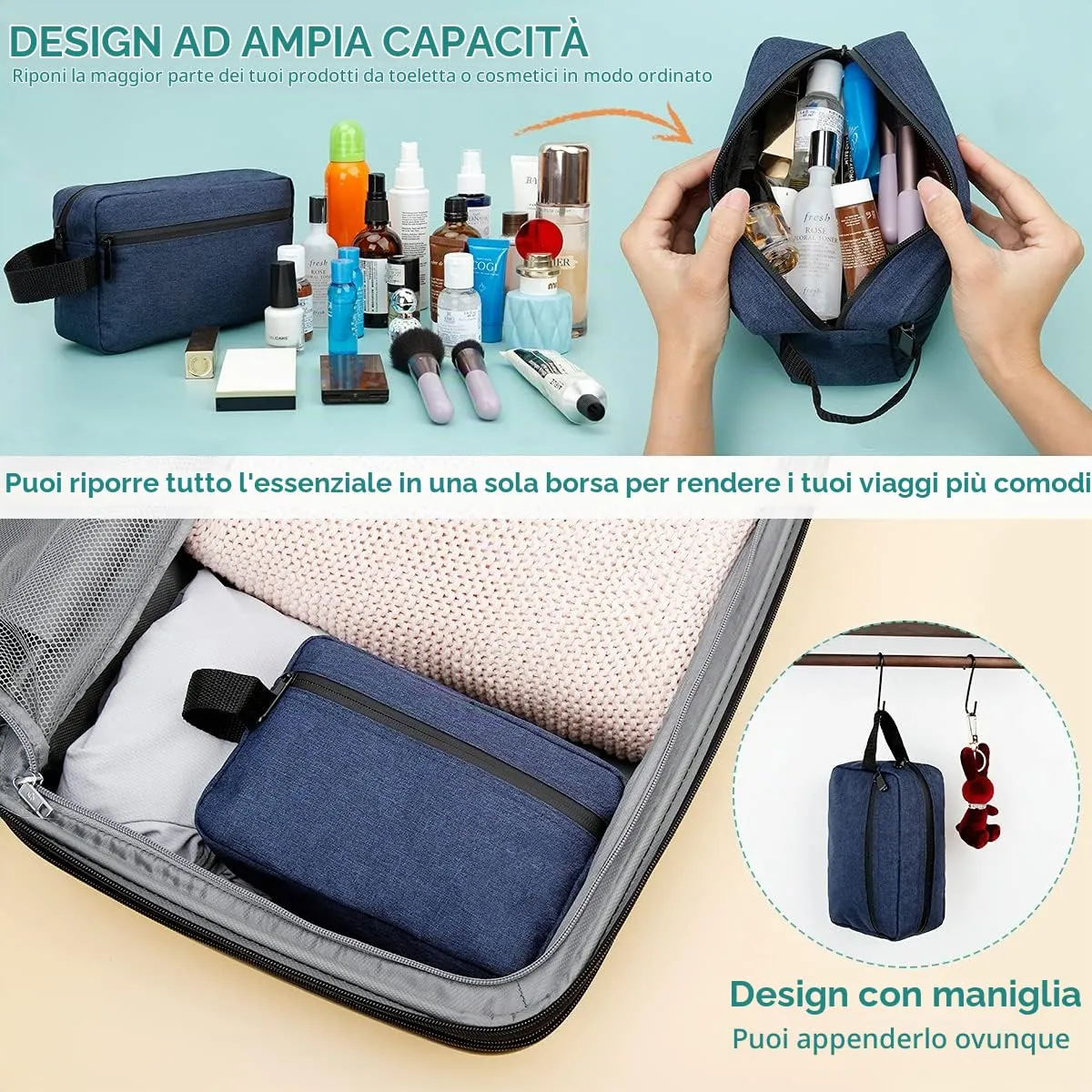 FUNSEED Beauty Case da Viaggio, Borsa per Accessori da Toeletta e Cosmetici, Blu - immagine 3