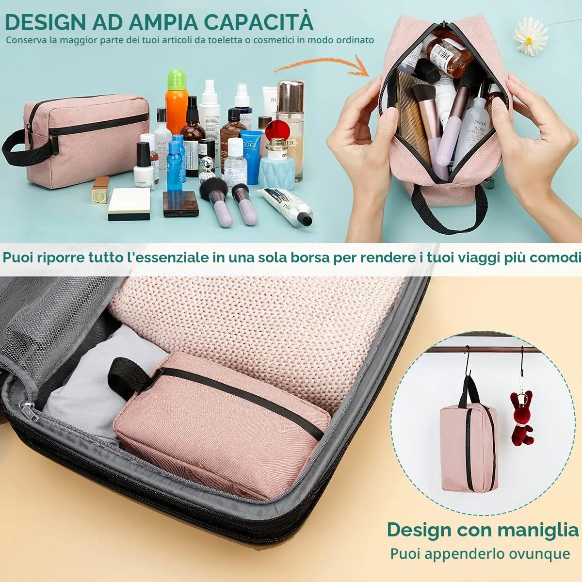 FUNSEED Beauty Case da Viaggio, Borsa per Accessori da Toeletta e Cosmetici, Rosa - immagine 3