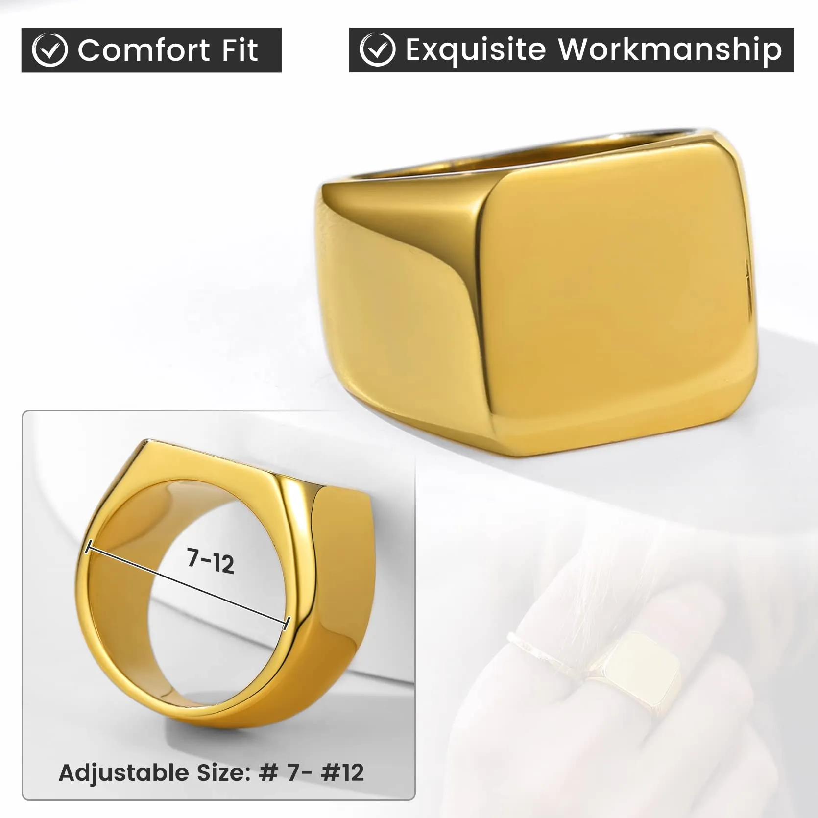 GoldChic Anello Uomo con Sigillo Quadrato in Acciaio Inossidabile, Oro, Taglia 20 - immagine 3