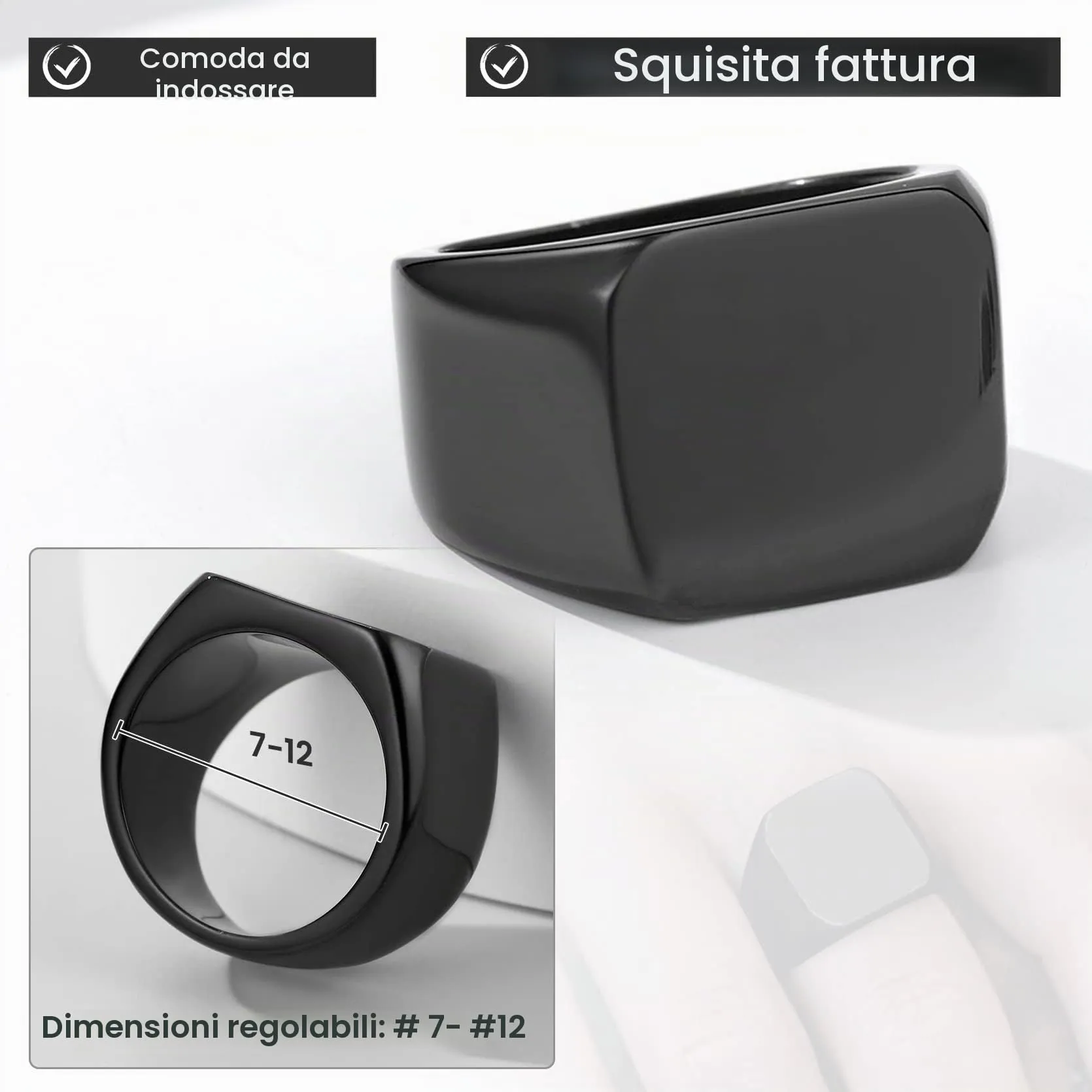 GoldChic Anello Uomo con Sigillo Quadrato in Acciaio Inossidabile Nero, Misura 27 - immagine 5