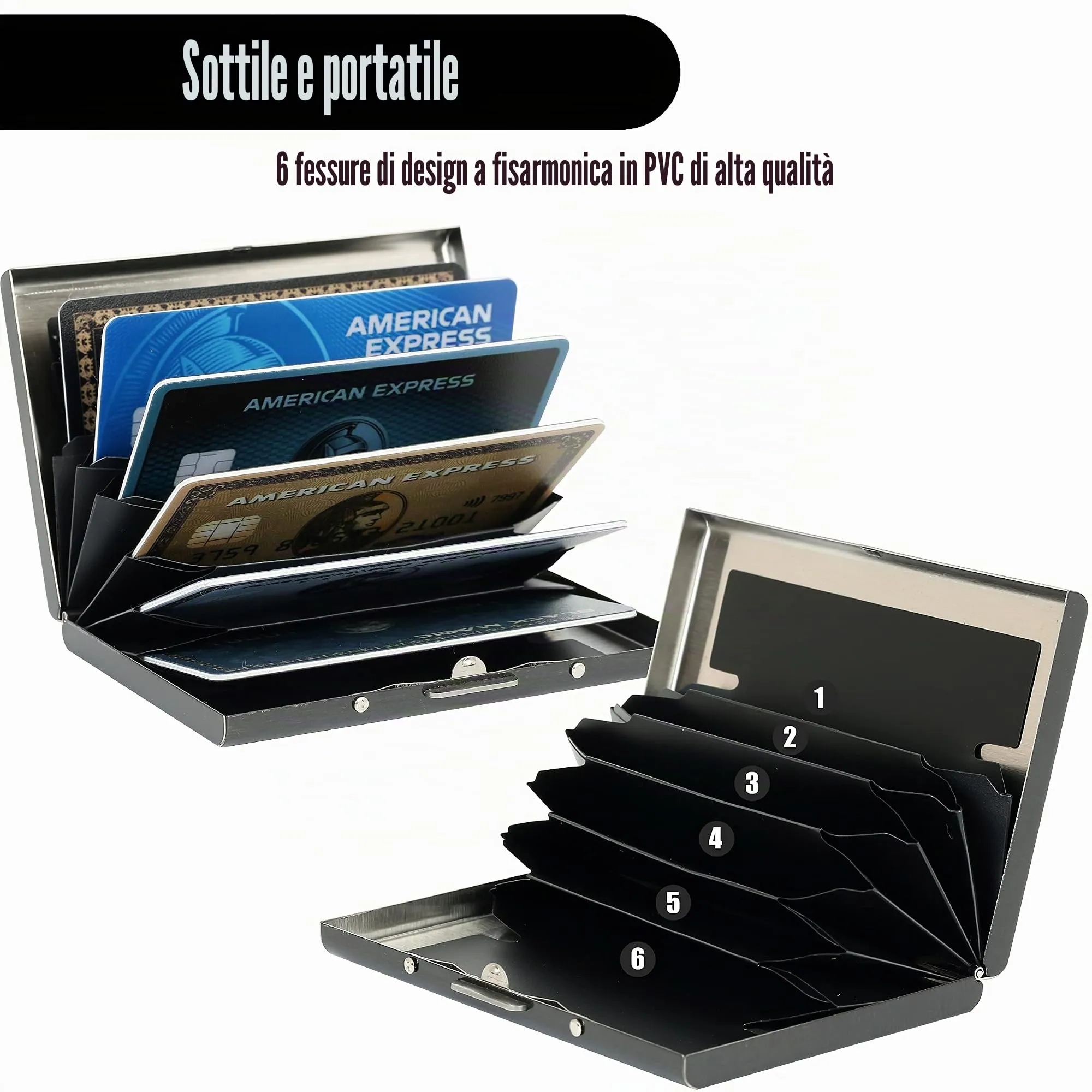 BONSYL Porta Carte di Credito in Acciaio Inossidabile con Blocco RFID, 6 Scomparti, Nero - immagine 3