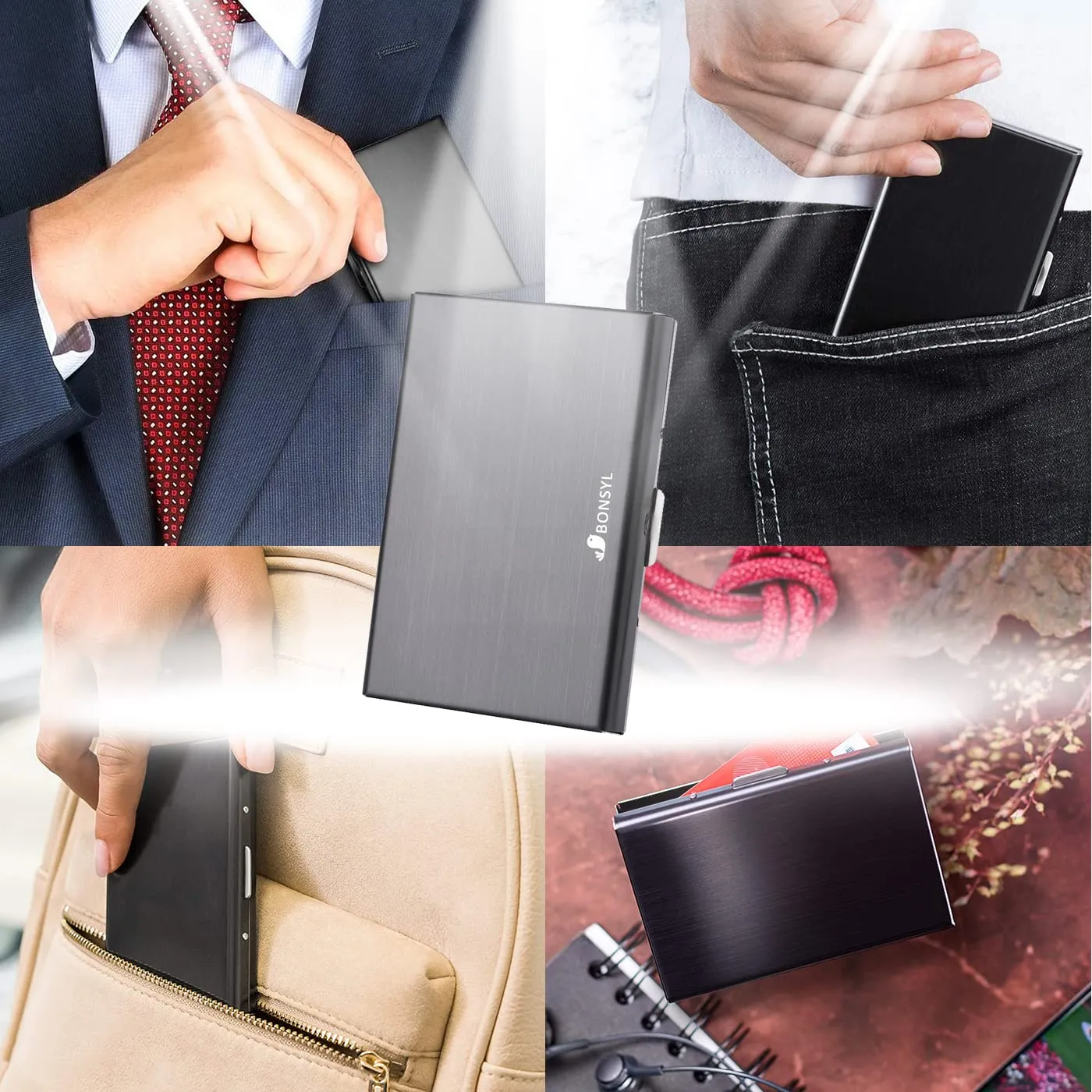 BONSYL Porta Carte di Credito in Acciaio Inossidabile con Blocco RFID, 6 Scomparti, Nero - immagine 6