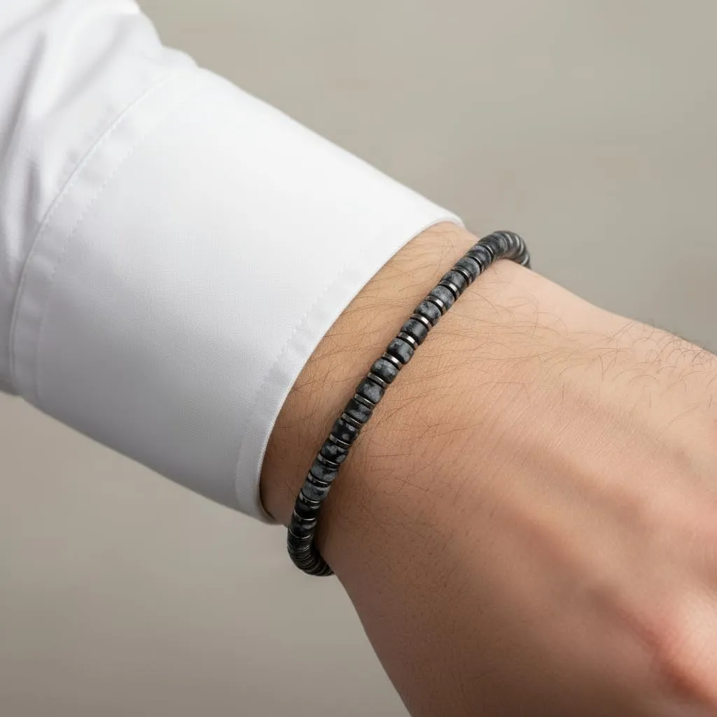 10:10 Bracciale uomo in Ossidiana Snowflake, ematite e acciaio inossidabile - immagine 3