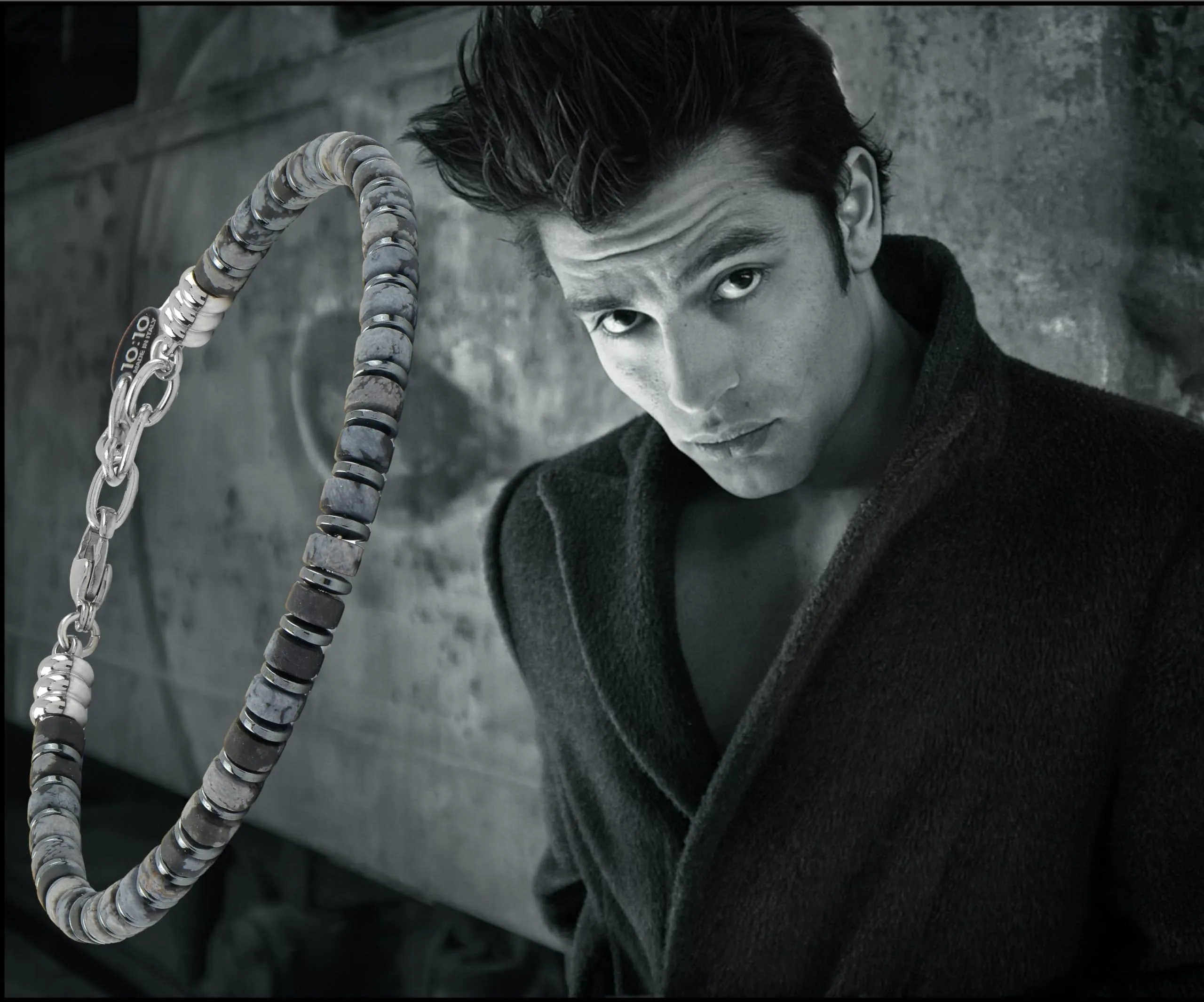 10:10 Bracciale uomo in Ossidiana Snowflake, ematite e acciaio inossidabile - immagine 5