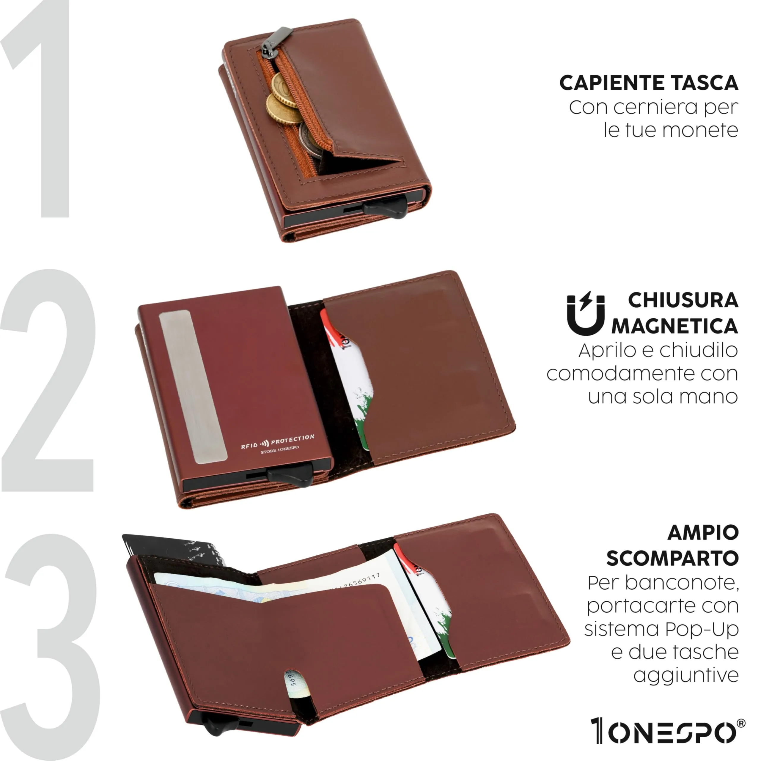 1ONESPO Magnetic Pro Portafoglio Uomo in Vera Pelle Nappa Marrone con Protezione RFID - immagine 3