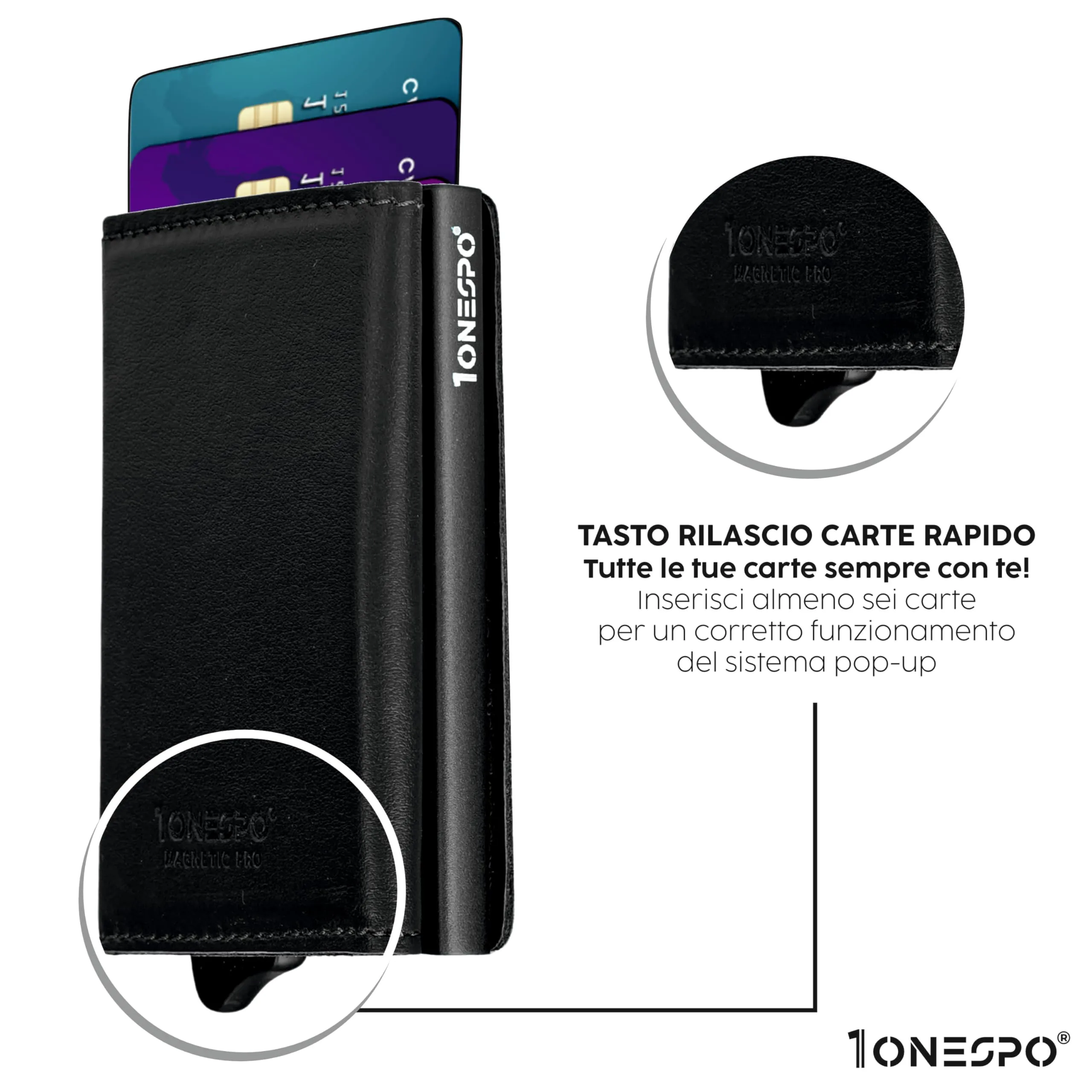 1ONESPO Magnetic Pro Portafoglio Uomo in Vera Pelle Nappa Nero con Protezione RFID - immagine 2