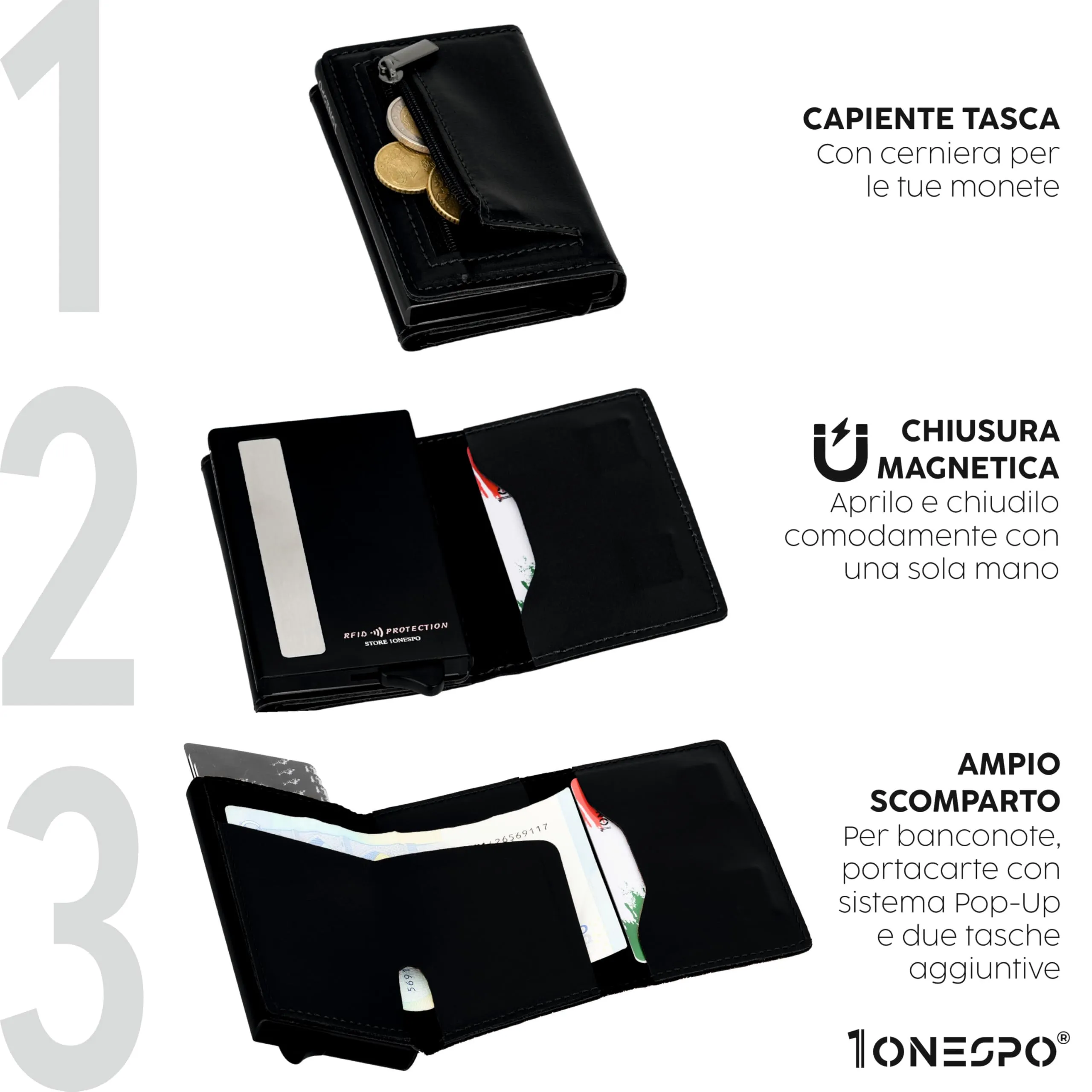 1ONESPO Magnetic Pro Portafoglio Uomo in Vera Pelle Nappa Nero con Protezione RFID - immagine 3