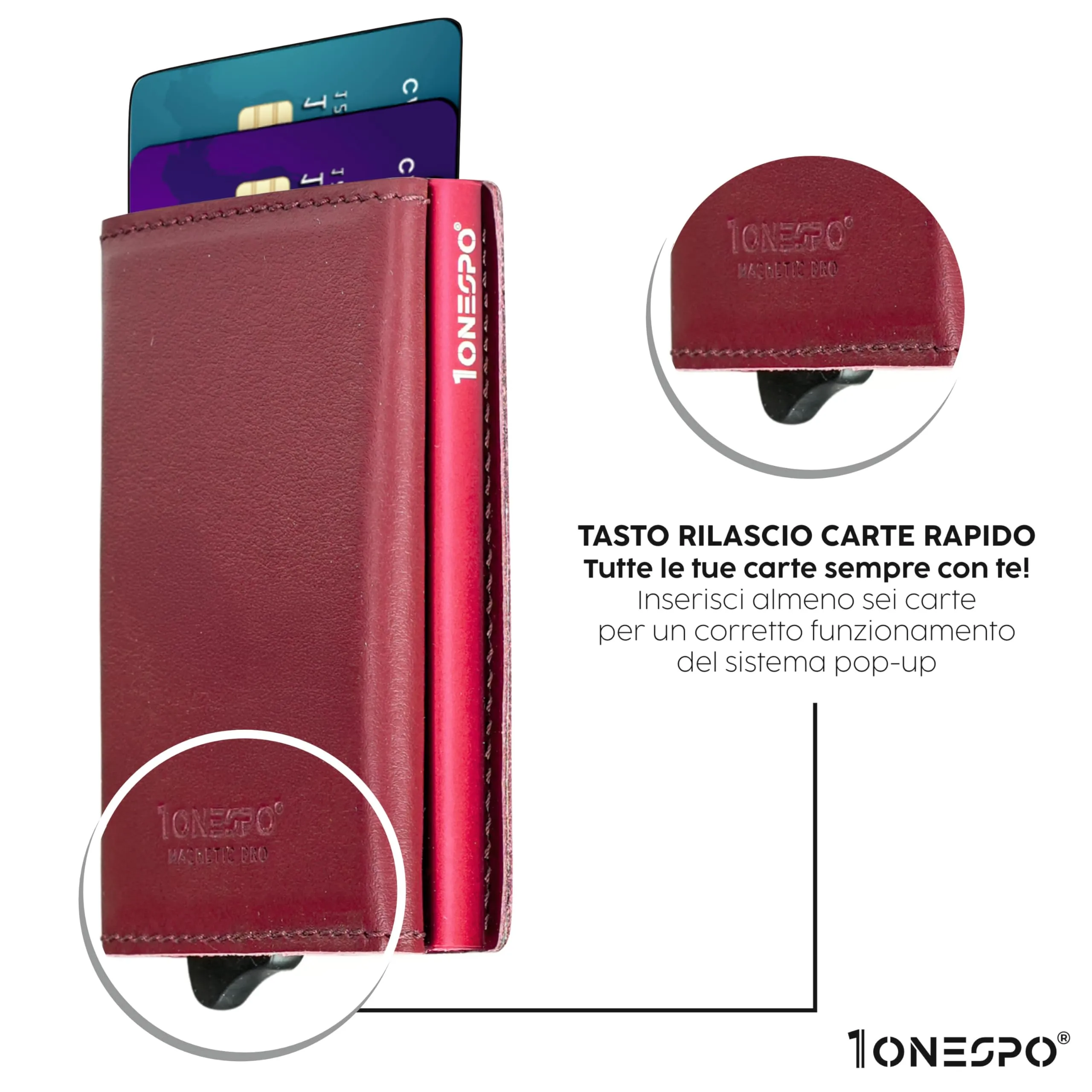 1ONESPO Magnetic Pro Portafoglio Donna in Vera Pelle Nappa Bordeaux con Protezione RFID - immagine 2