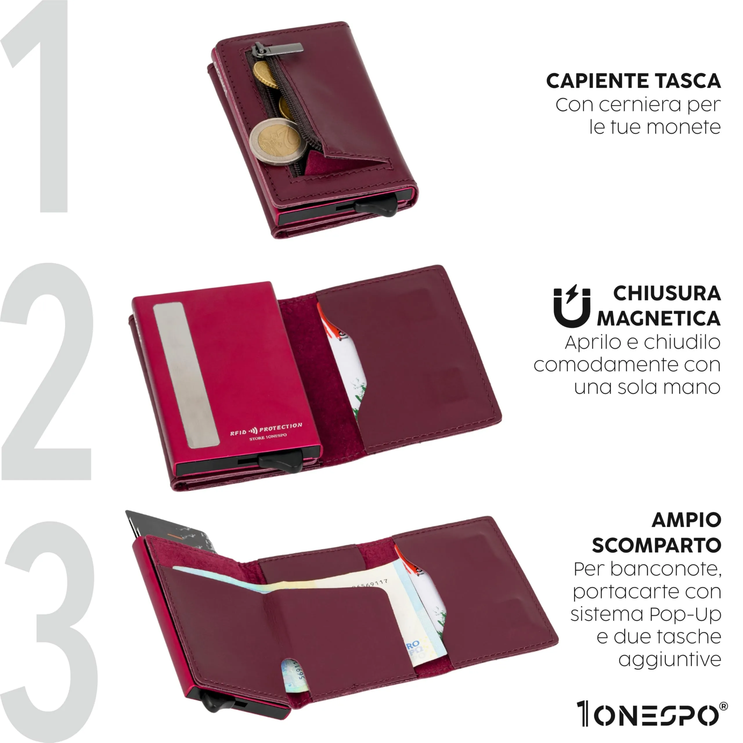 1ONESPO Magnetic Pro Portafoglio Donna in Vera Pelle Nappa Bordeaux con Protezione RFID - immagine 3