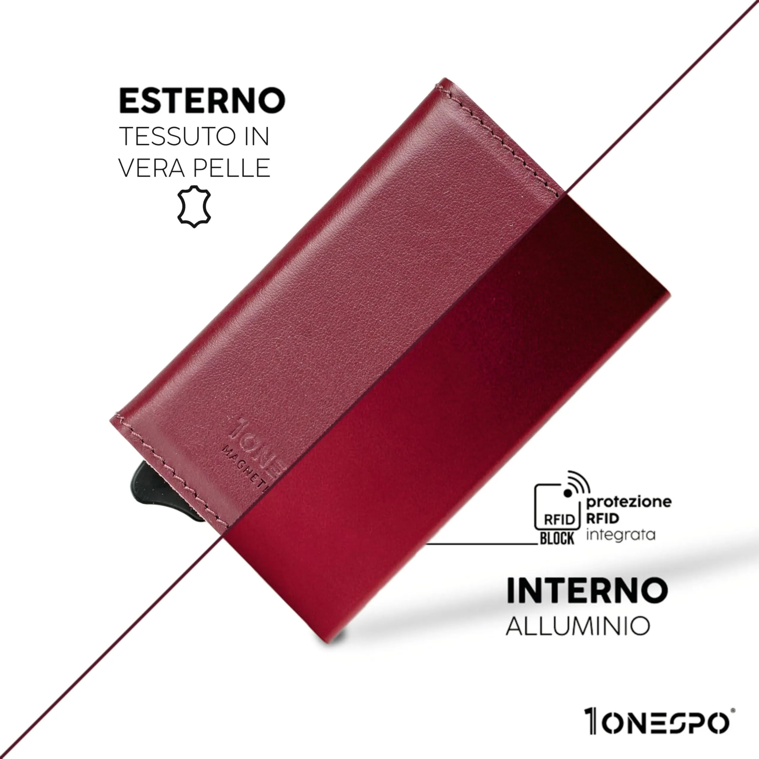 1ONESPO Magnetic Pro Portafoglio Donna in Vera Pelle Nappa Bordeaux con Protezione RFID - immagine 4