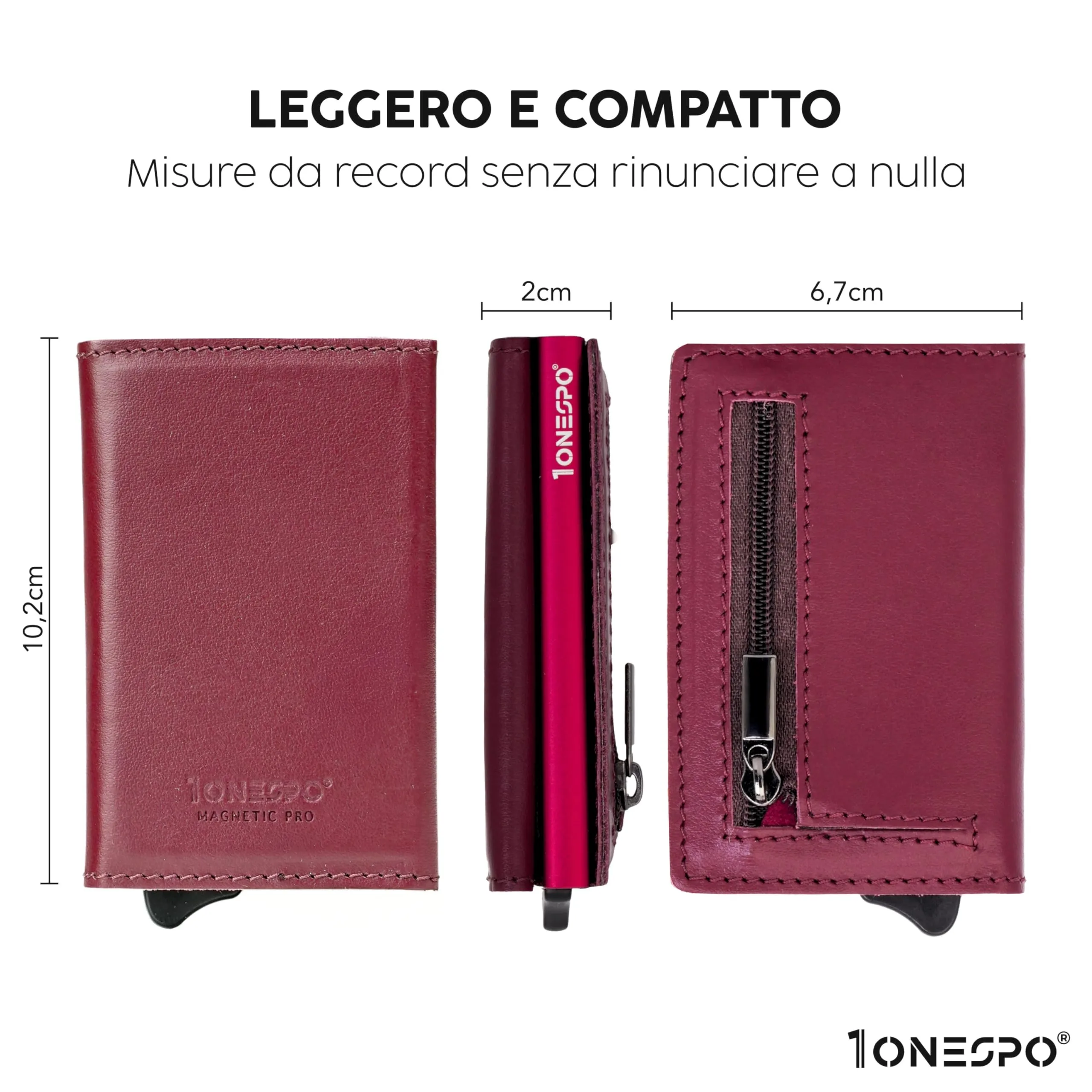 1ONESPO Magnetic Pro Portafoglio Donna in Vera Pelle Nappa Bordeaux con Protezione RFID - immagine 5