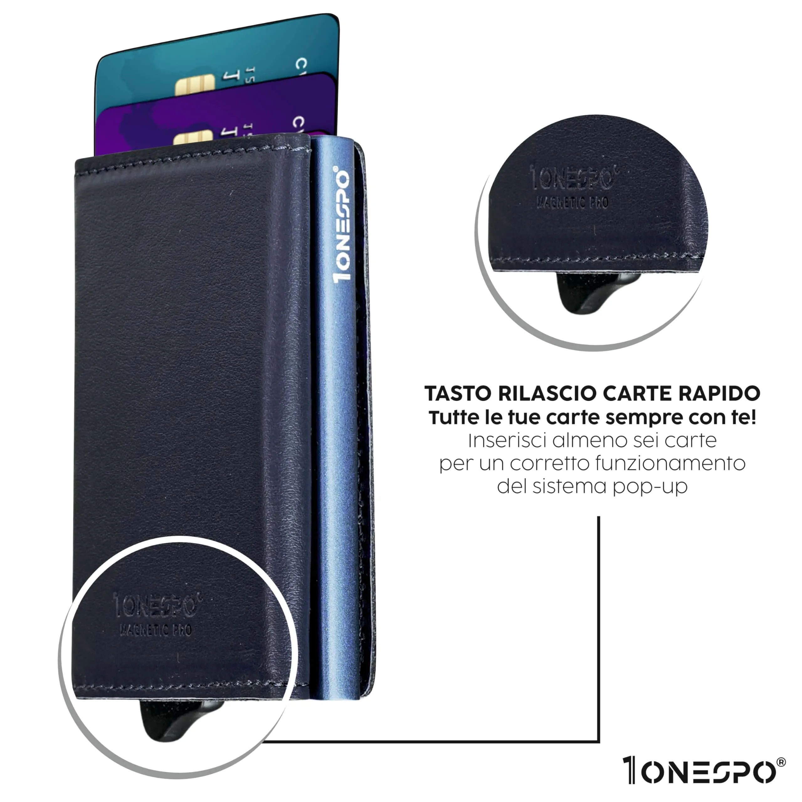1ONESPO Magnetic Pro Portafoglio Uomo in Vera Pelle Nappa Blu con Protezione RFID - immagine 2