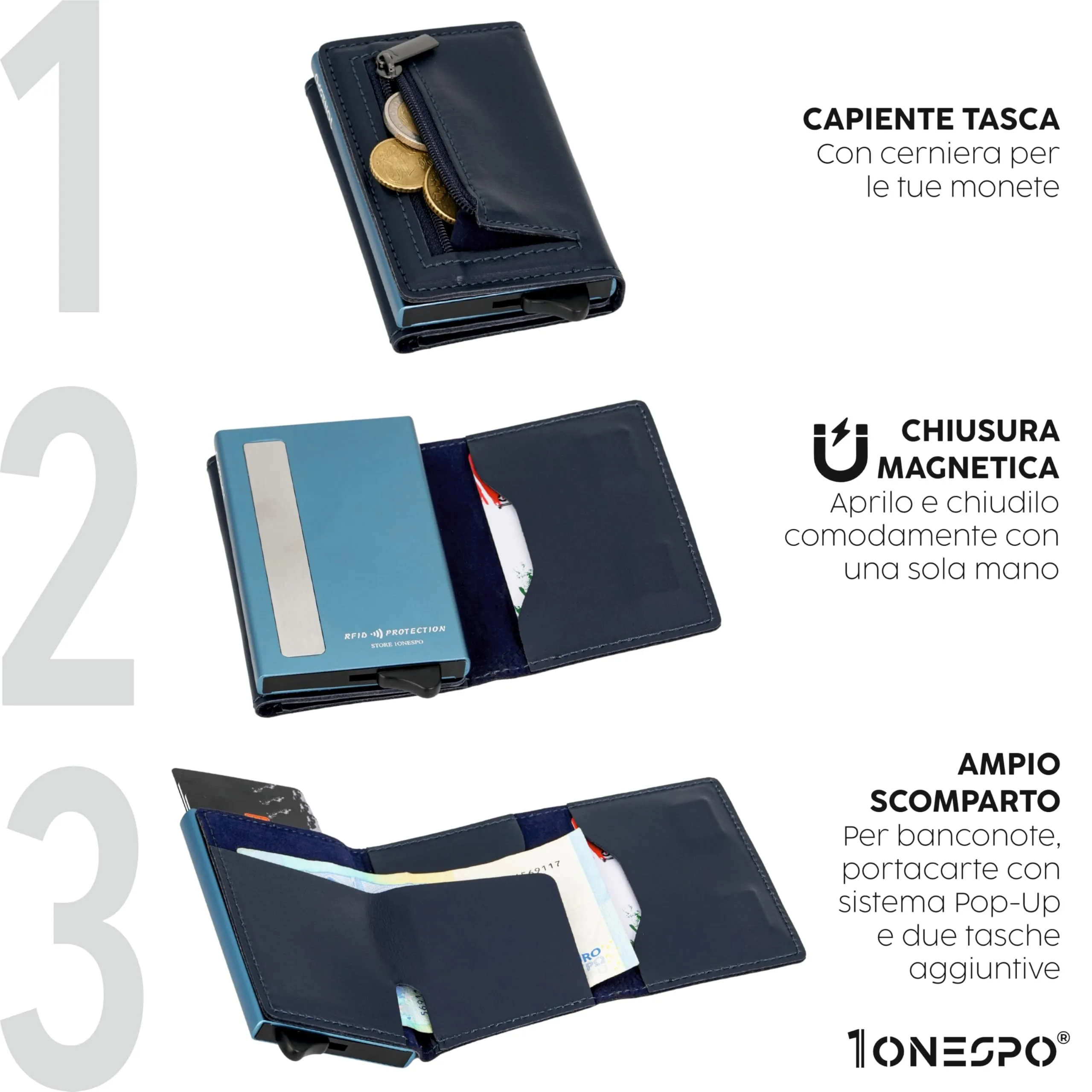 1ONESPO Magnetic Pro Portafoglio Uomo in Vera Pelle Nappa Blu con Protezione RFID - immagine 3