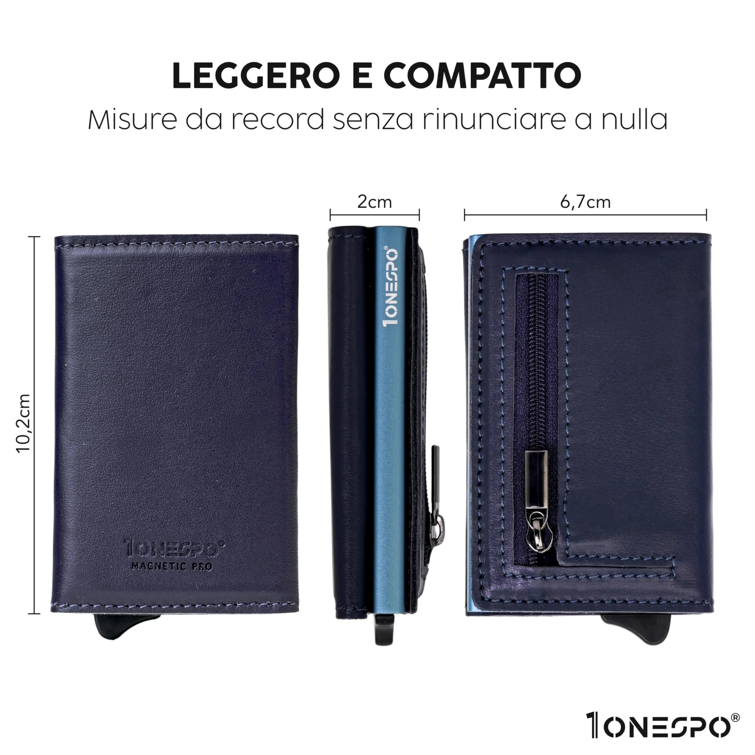 1ONESPO Magnetic Pro Portafoglio Uomo in Vera Pelle Nappa Blu con Protezione RFID - immagine 5