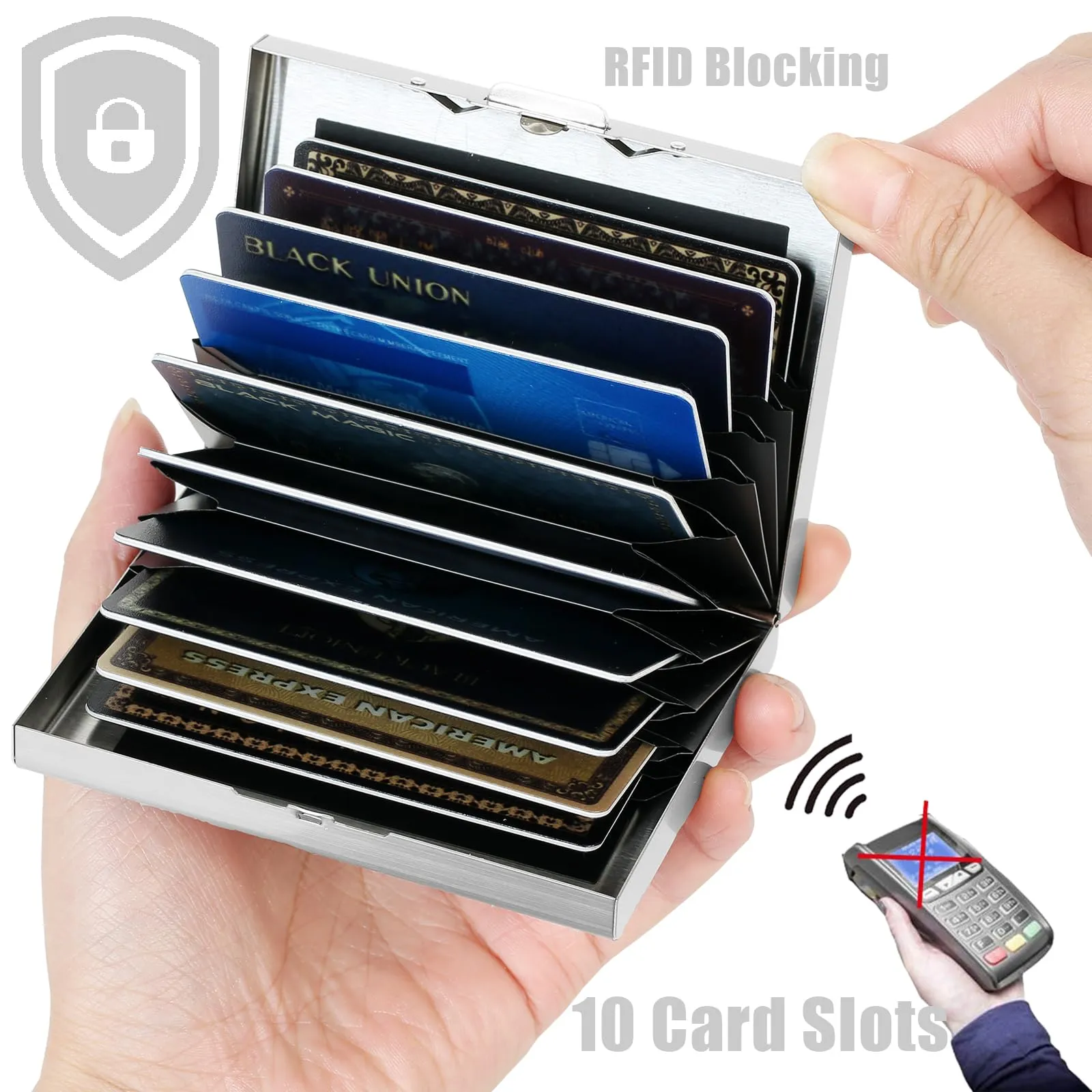 BONSYL Porta Carte di Credito in Acciaio Inossidabile con Blocco RFID, 10 Scomparti, Argento - immagine 2