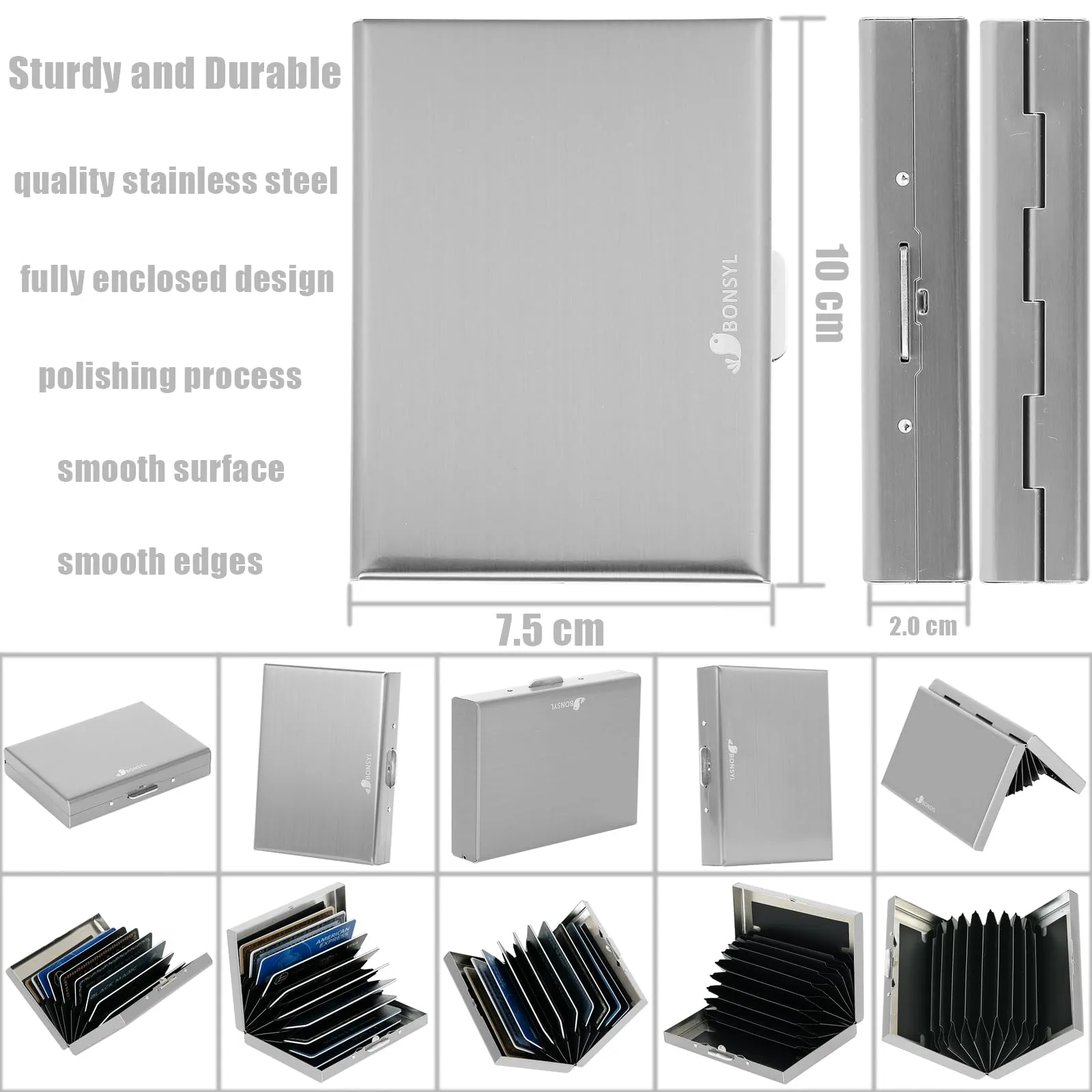 BONSYL Porta Carte di Credito in Acciaio Inossidabile con Blocco RFID, 10 Scomparti, Argento - immagine 4