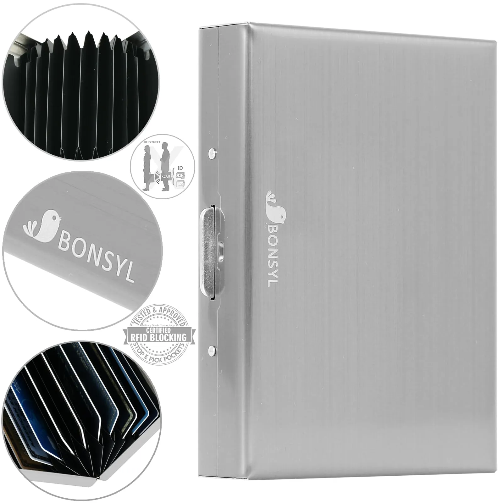 BONSYL Porta Carte di Credito in Acciaio Inossidabile con Blocco RFID, 10 Scomparti, Argento - immagine 6