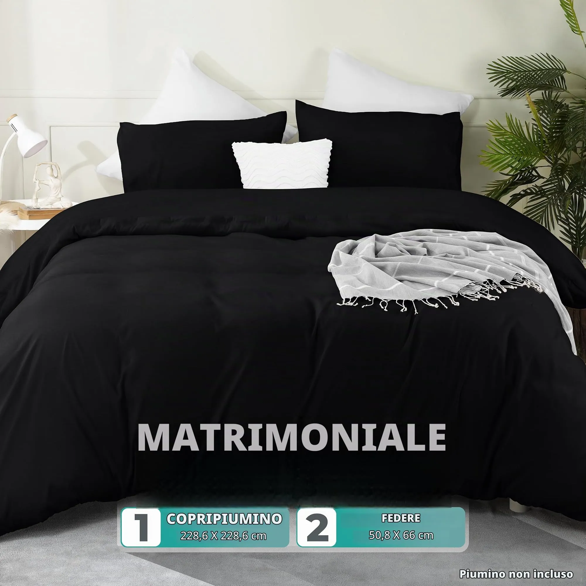 Utopia Bedding Set Copripiumino in Microfibra di Poliestere, 220 x 220 cm con Federe 50 x 65 cm, Nero - immagine 2