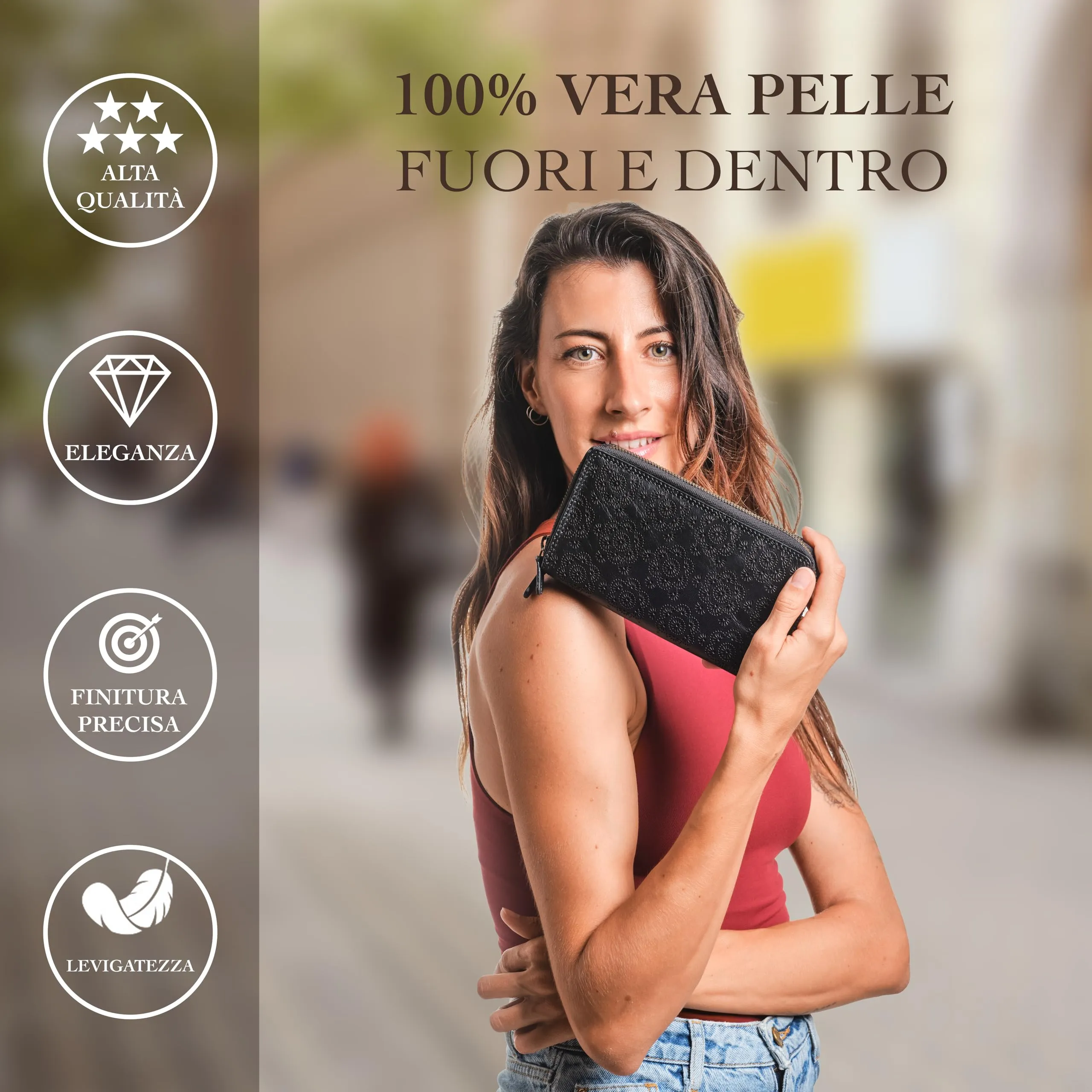 Lavalen Portafoglio Donna in Vera Pelle con 30 Tasche, RFID e Doppia Cerniera - Nero Fiore - immagine 2