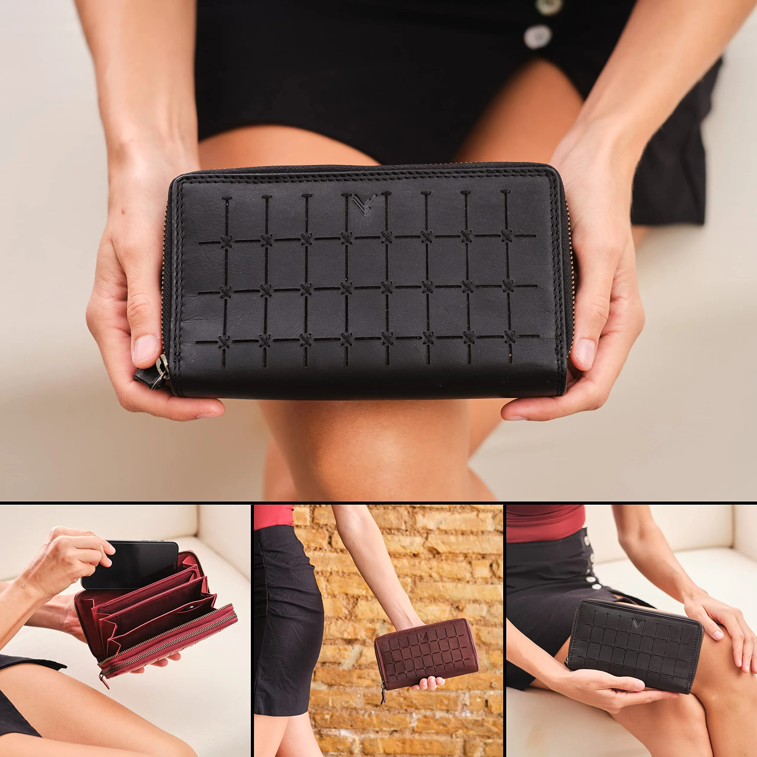 Lavalen Portafoglio Donna in Vera Pelle con 30 Tasche, RFID e Doppia Cerniera - Nero Fiore - immagine 4