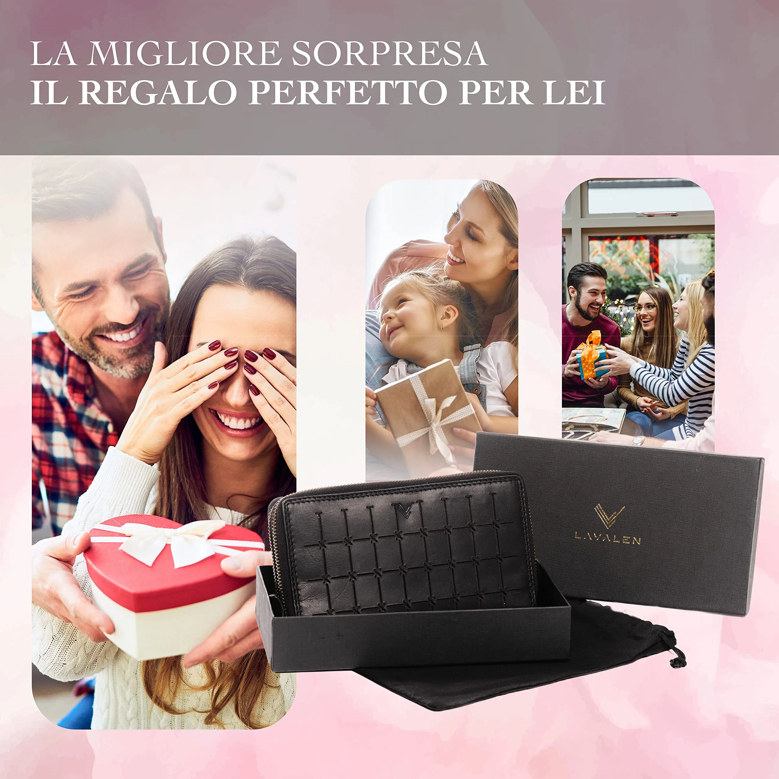 Lavalen Portafoglio Donna in Vera Pelle con 30 Tasche, RFID e Doppia Cerniera - Nero Fiore - immagine 5