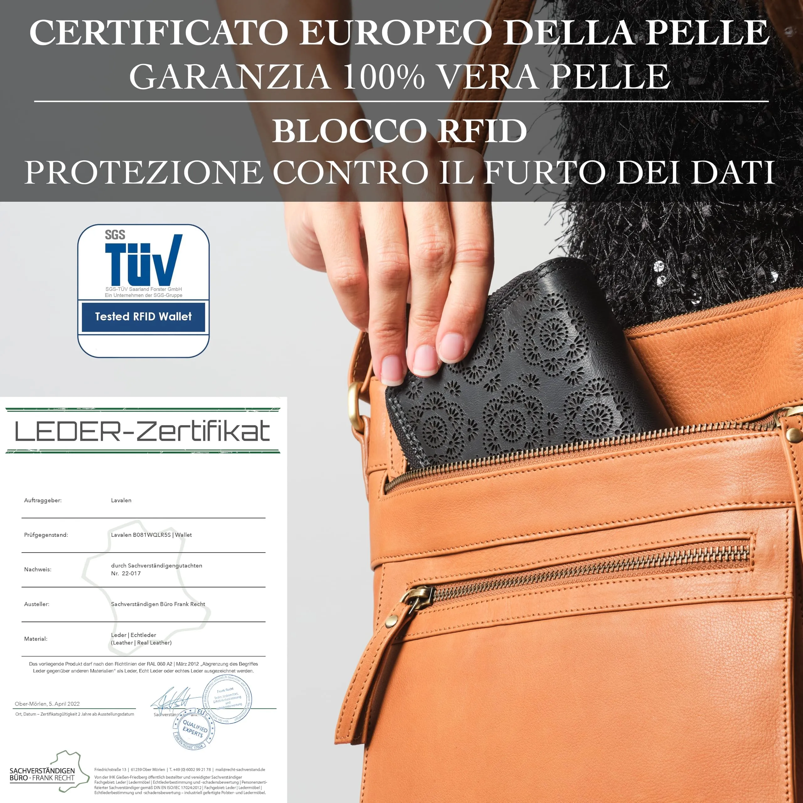 Lavalen Portafoglio Donna in Vera Pelle con 30 Tasche, RFID e Doppia Cerniera - Nero Fiore - immagine 6
