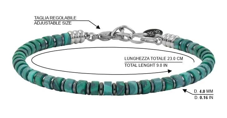 10:10 Bracciale uomo in Malachite, ematite e acciaio inossidabile - Made in Italy - immagine 2