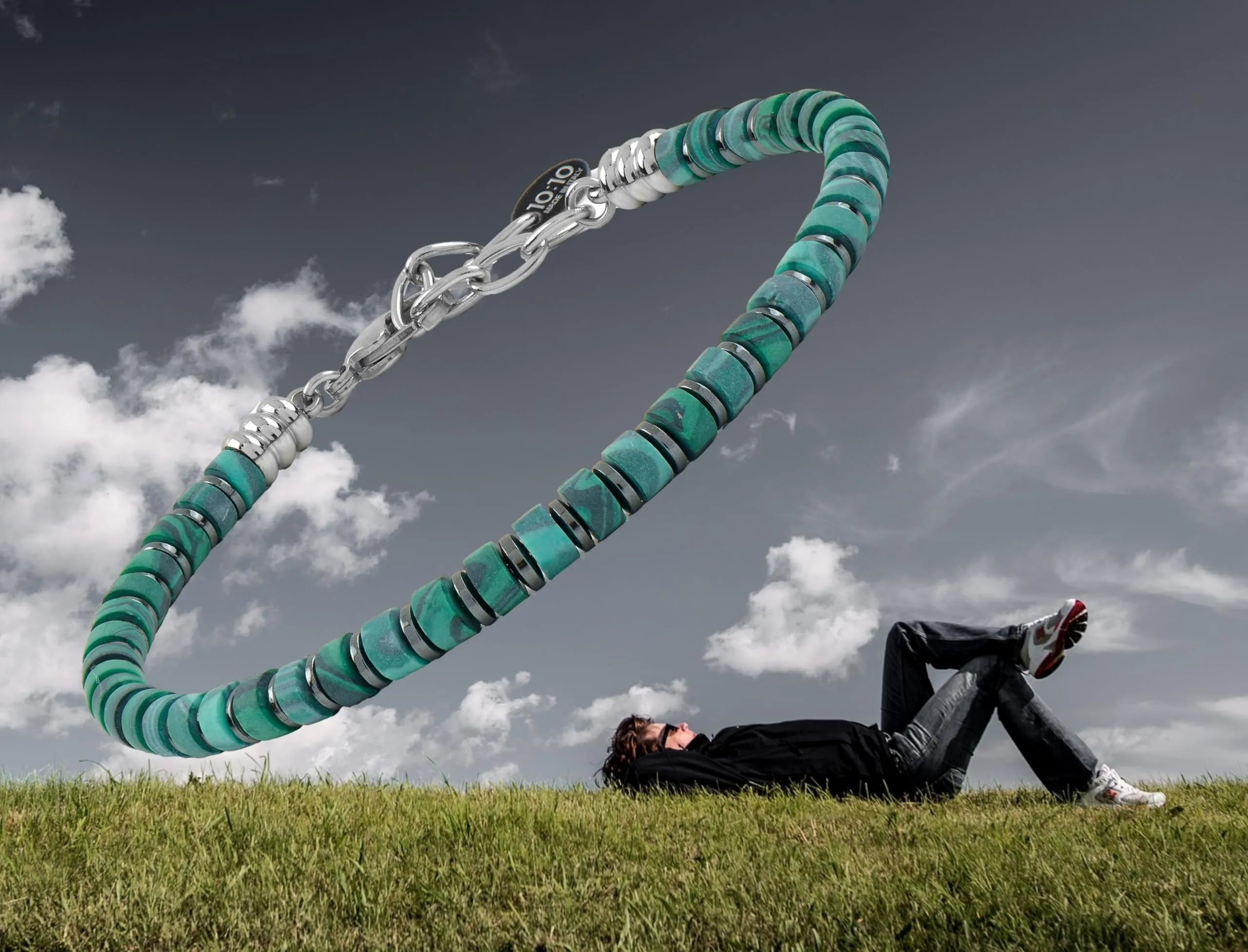10:10 Bracciale uomo in Malachite, ematite e acciaio inossidabile - Made in Italy - immagine 5
