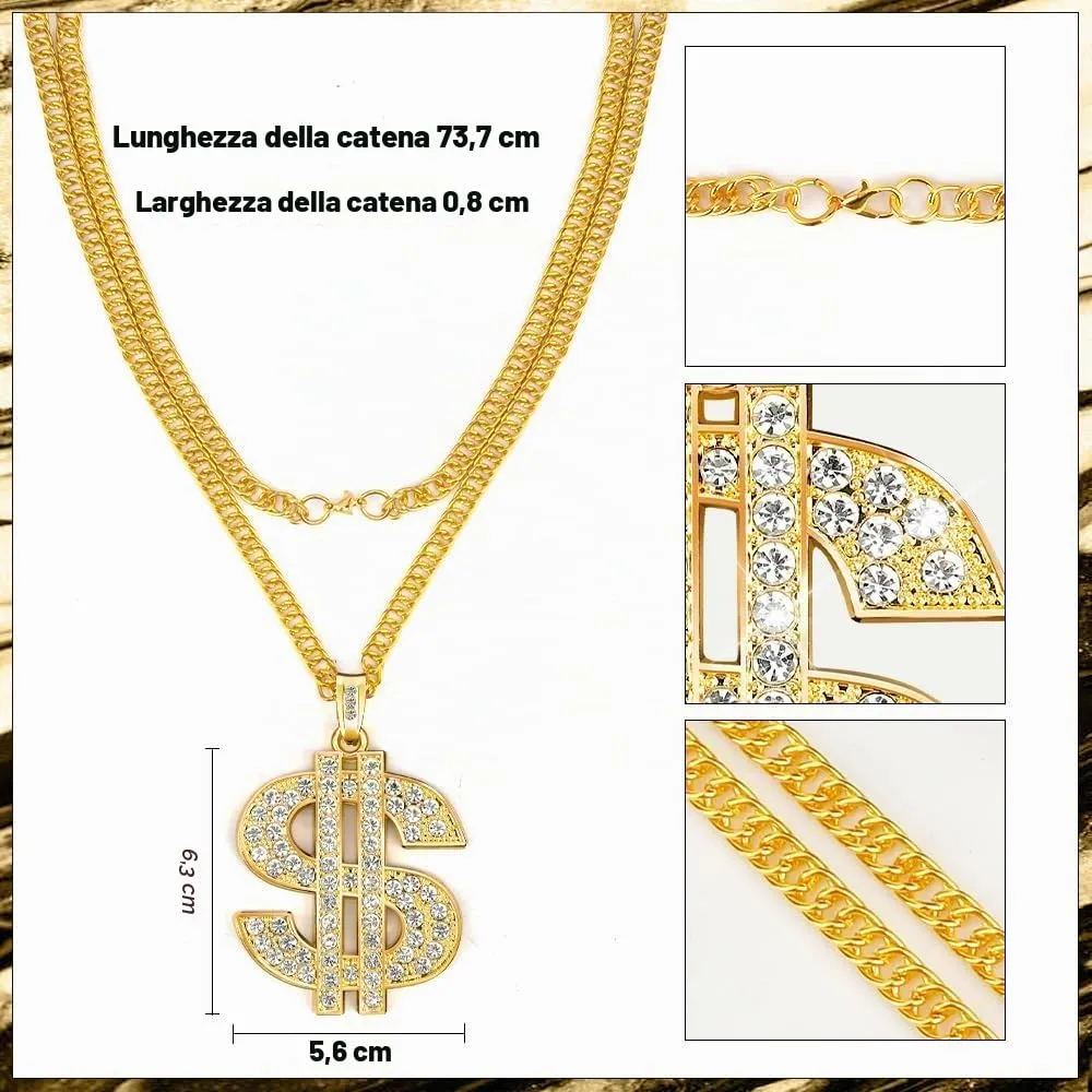 YEAMLTE Collana Oro Simbolo Dollaro Hip Hop per Uomo, Stile Anni '80/'90, Oro - immagine 2