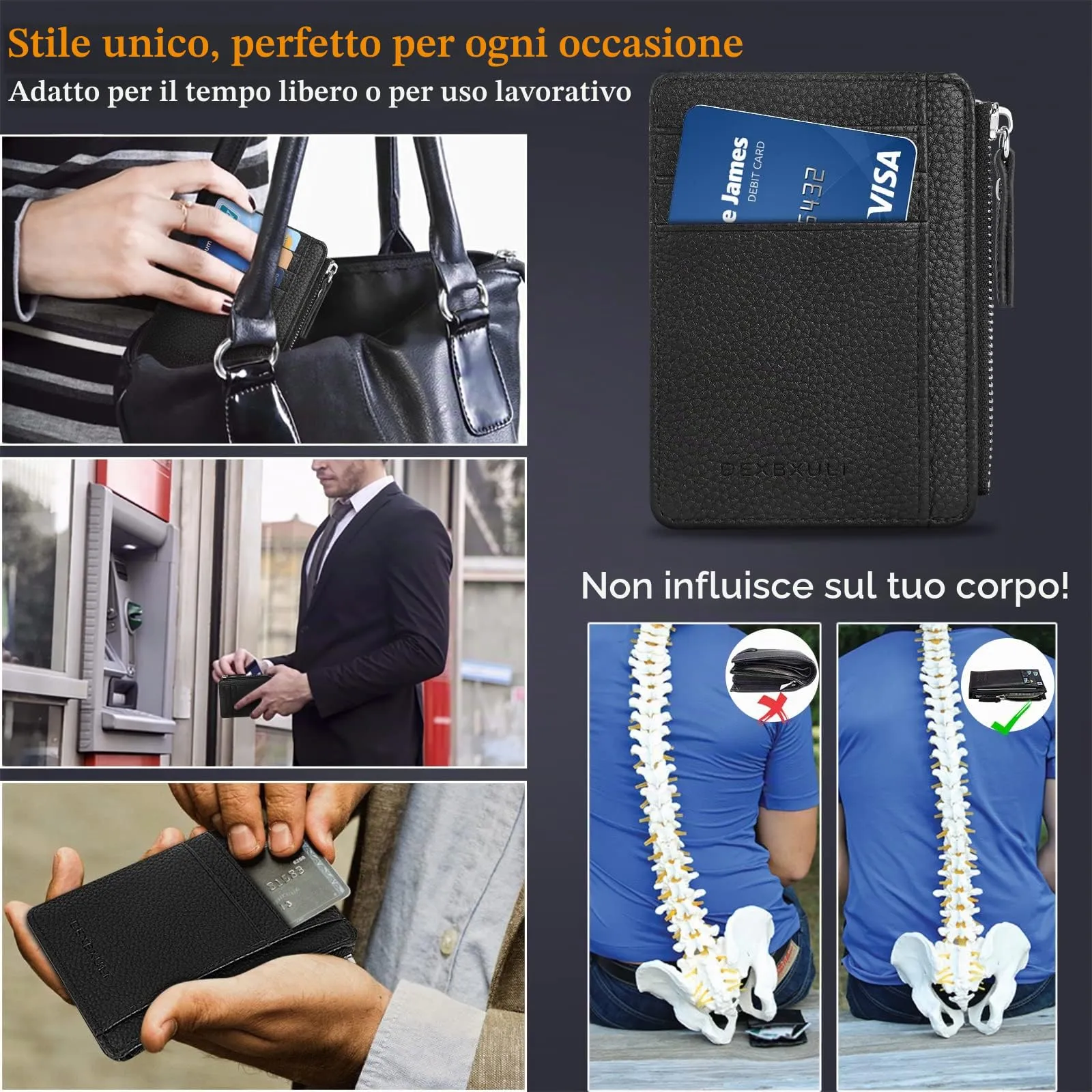 flintronic Portia Portafoglio in Pelle per Uomo, 8 Slot per Carte, Scomparto con Cerniera e Finestra ID, Nero - immagine 5