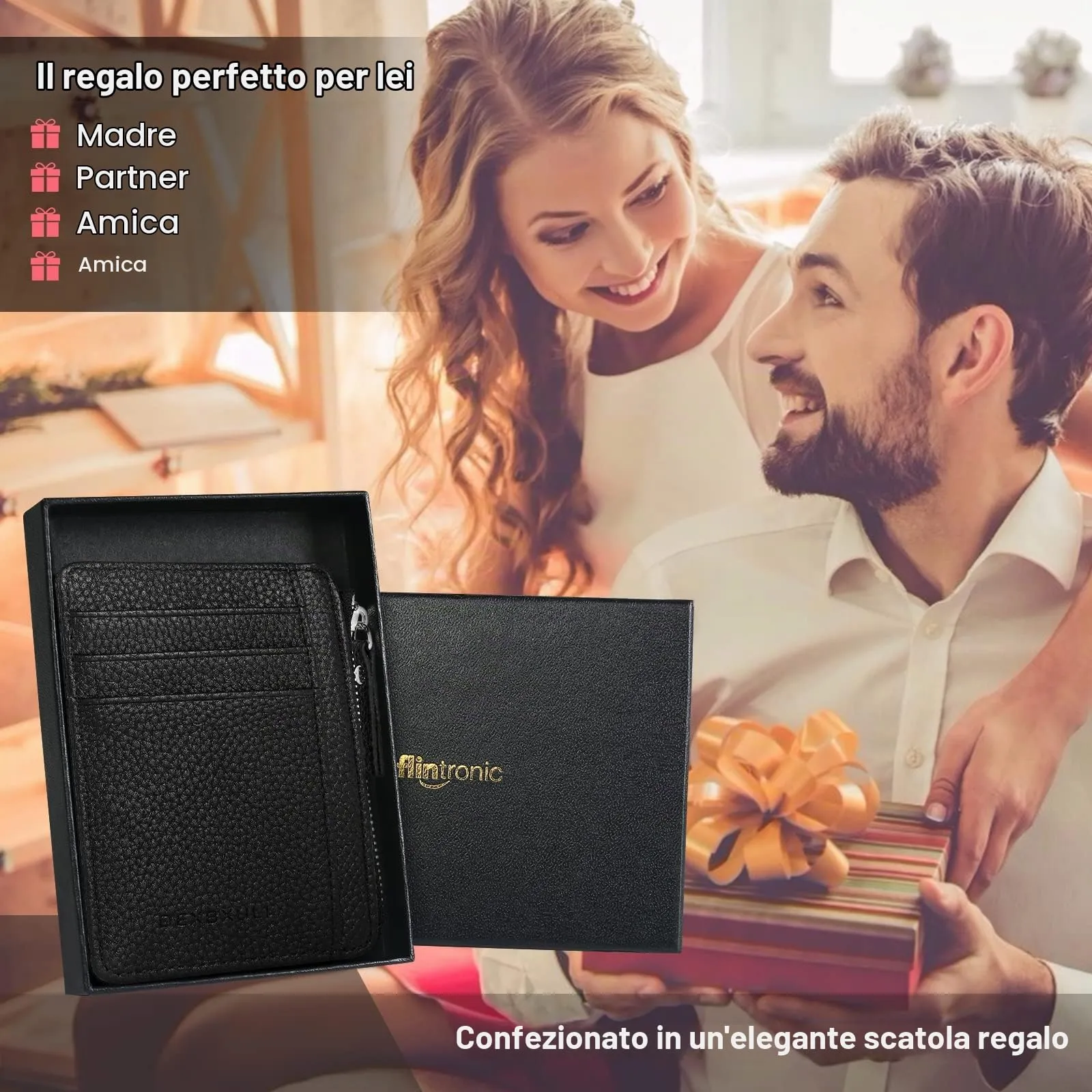 flintronic Portia Portafoglio in Pelle per Uomo, 8 Slot per Carte, Scomparto con Cerniera e Finestra ID, Nero - immagine 6