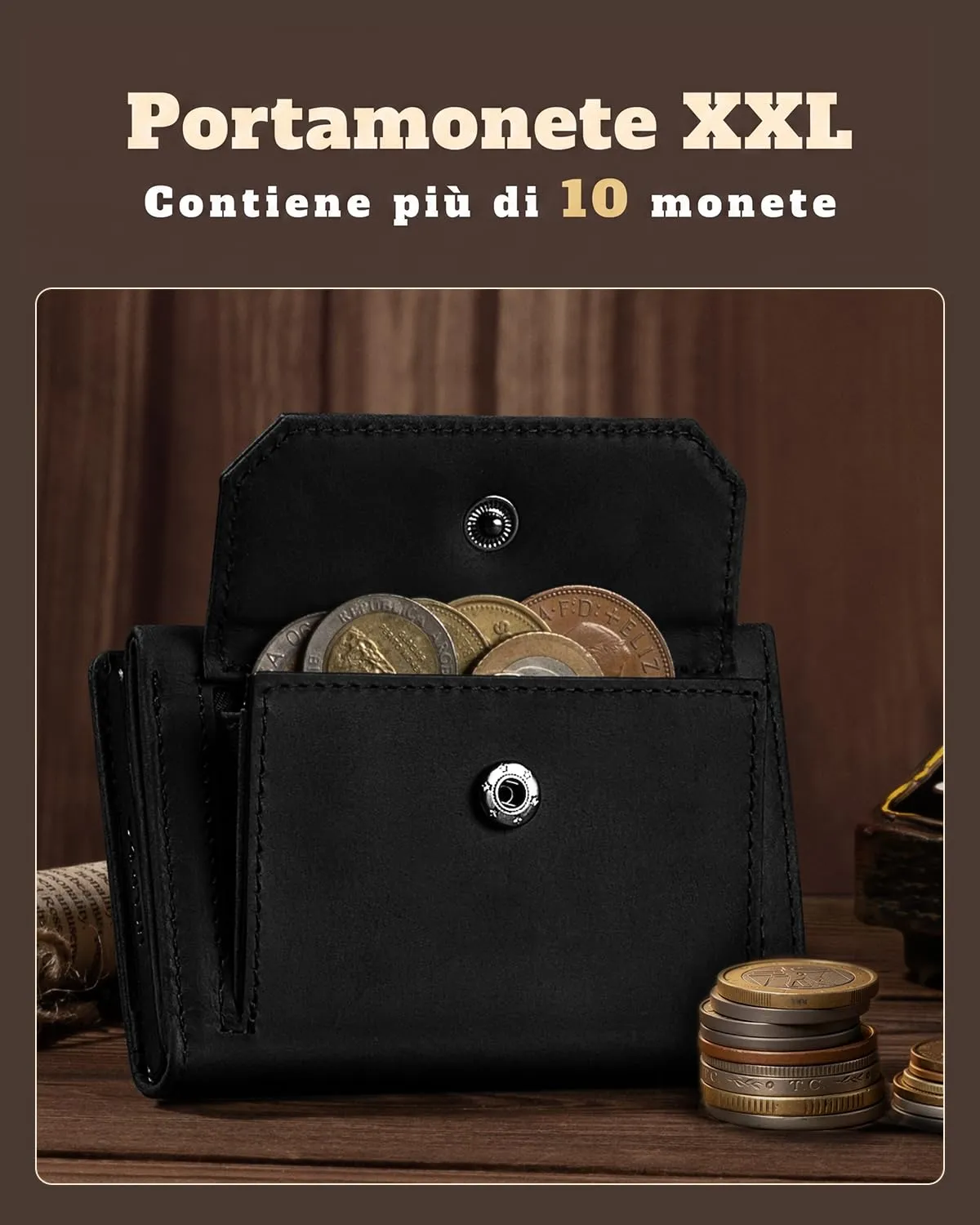 DODENSHA MagSnap Portafoglio da uomo Slim Wallet con scomparto per monete XL, chiusura magnetica e protezione RFID (Nero) - immagine 2
