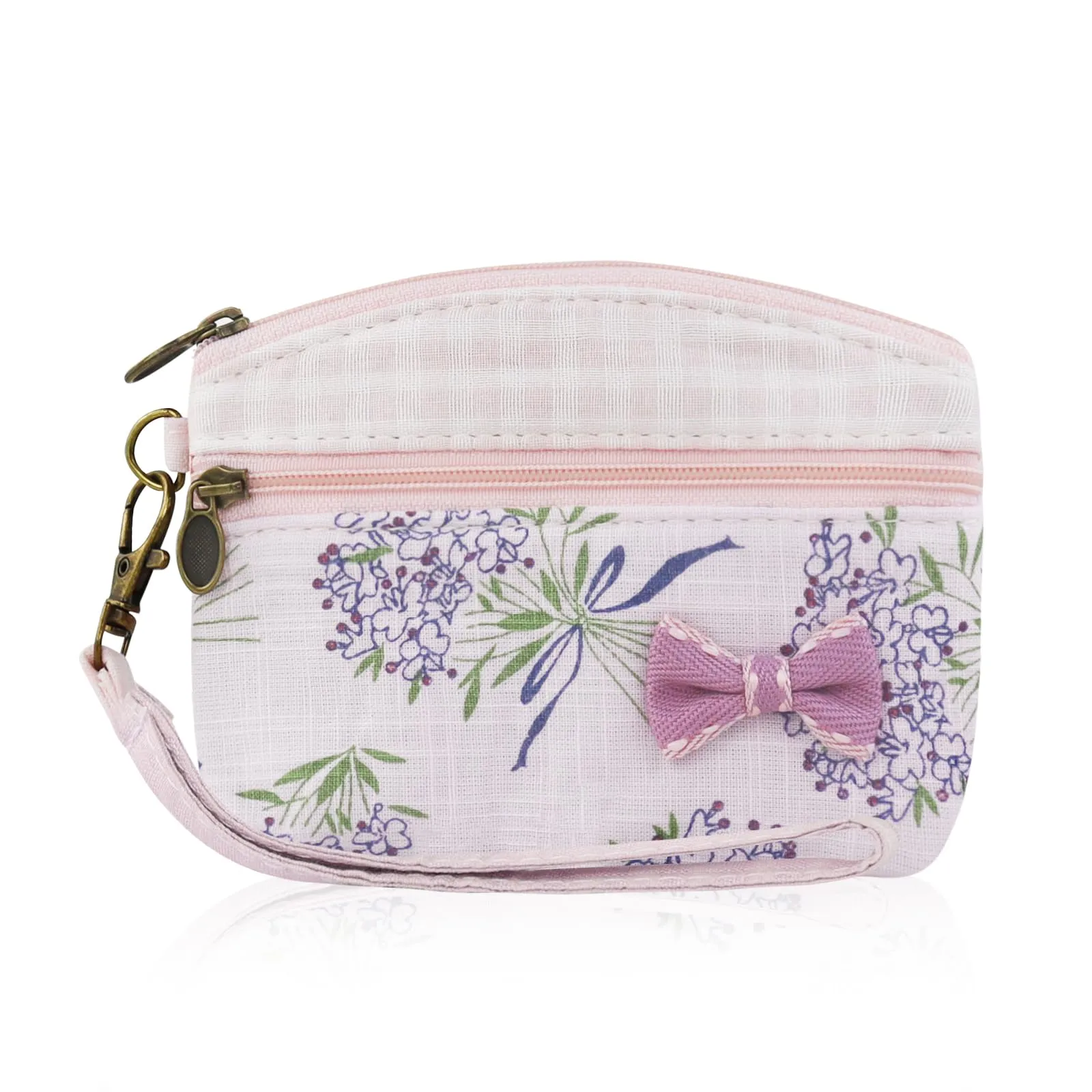 FuninCrea Mini Portamonete da Donna in Cotone con Motivo Floreale, 2 Tasche con Chiusura Lampo, Rosa-a, 12x9x1,8 cm - immagine 1