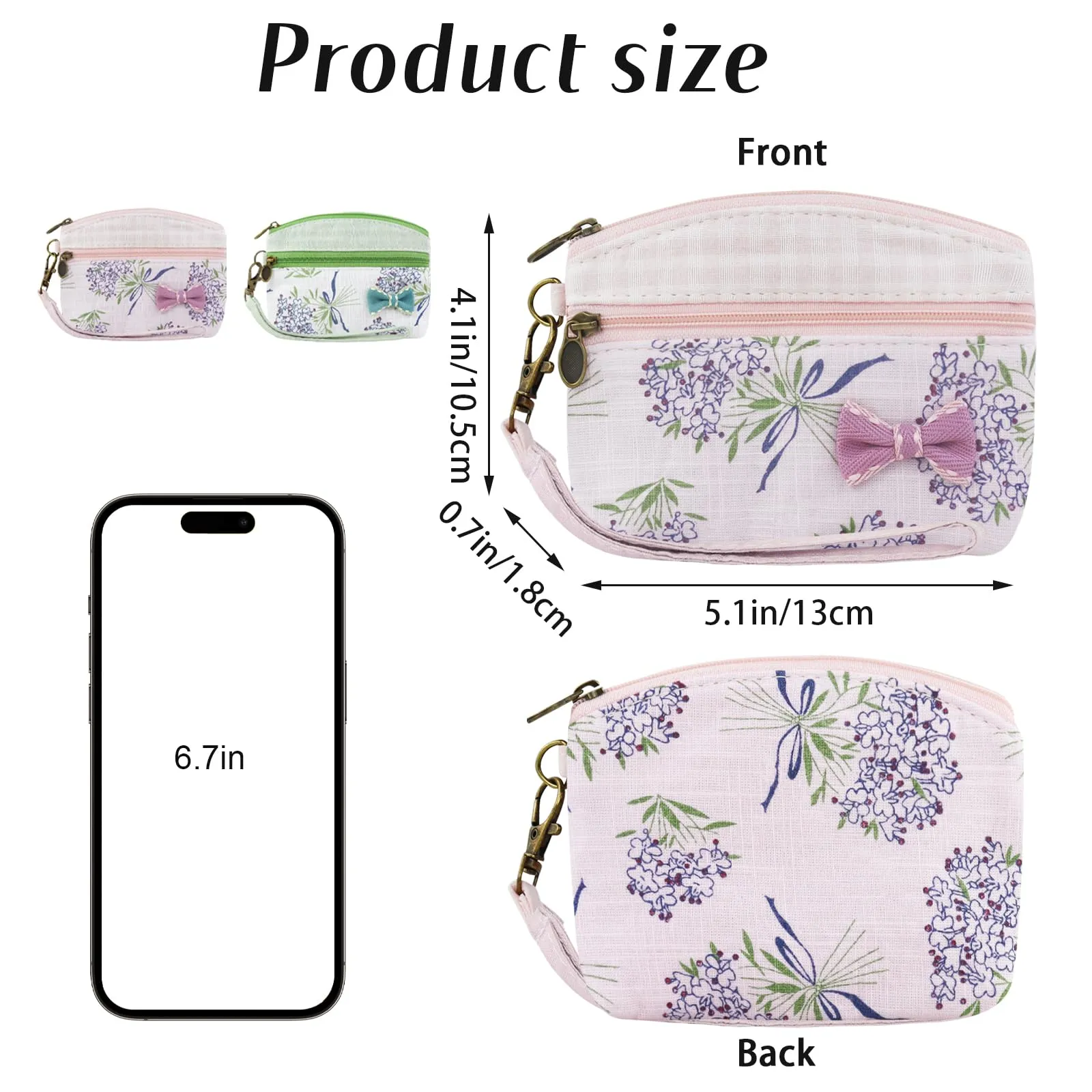 FuninCrea Mini Portamonete da Donna in Cotone con Motivo Floreale, 2 Tasche con Chiusura Lampo, Rosa-a, 12x9x1,8 cm - immagine 2