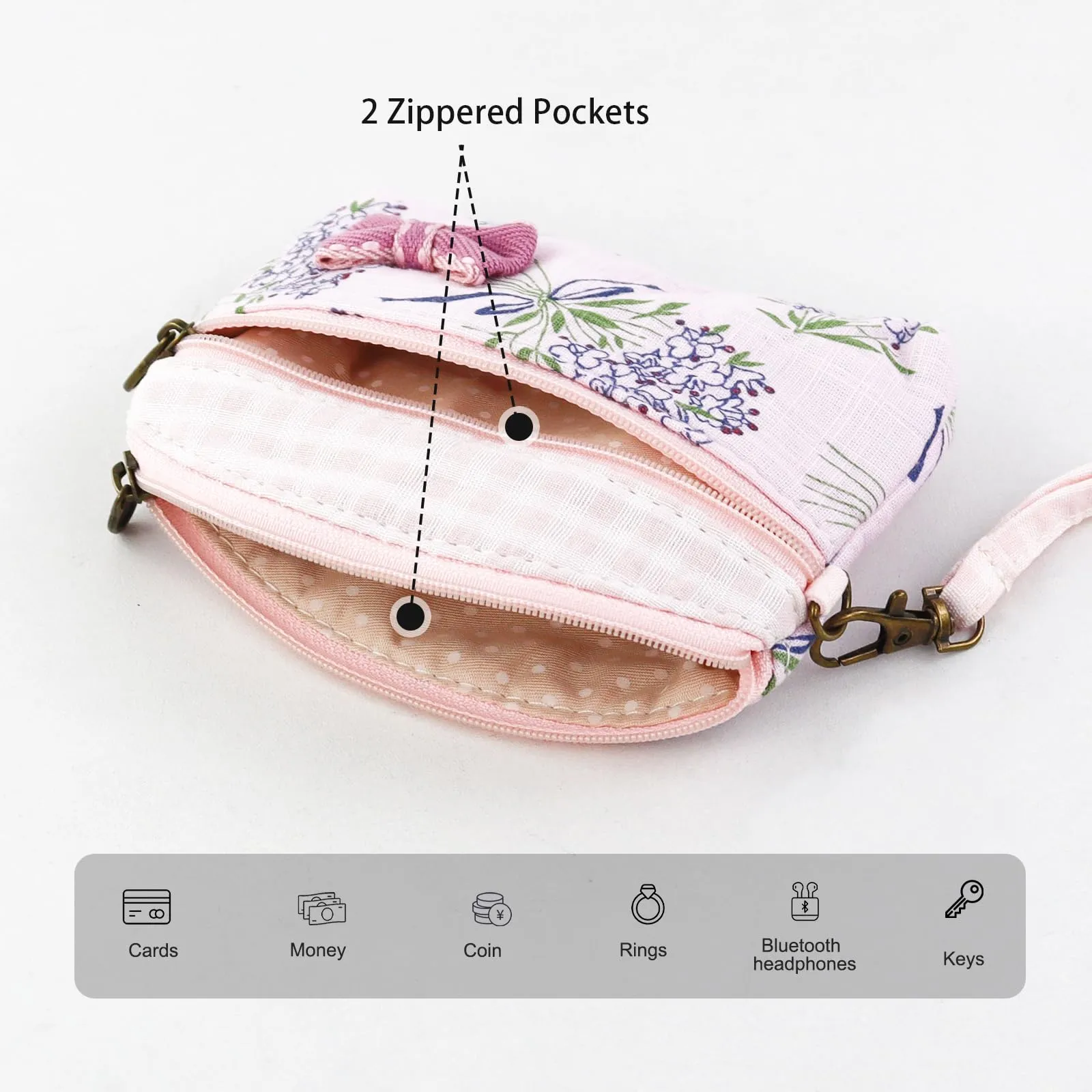 FuninCrea Mini Portamonete da Donna in Cotone con Motivo Floreale, 2 Tasche con Chiusura Lampo, Rosa-a, 12x9x1,8 cm - immagine 4