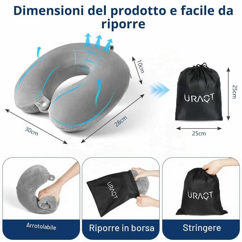 URAQT Cuscino da Viaggio per il Collo in Memory Foam, Grigio - immagine 2