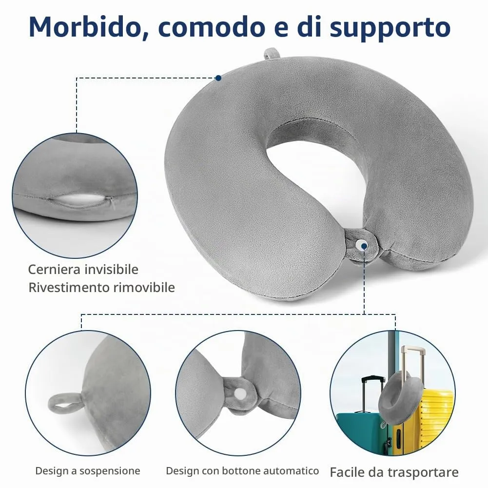 URAQT Cuscino da Viaggio per il Collo in Memory Foam, Grigio - immagine 4