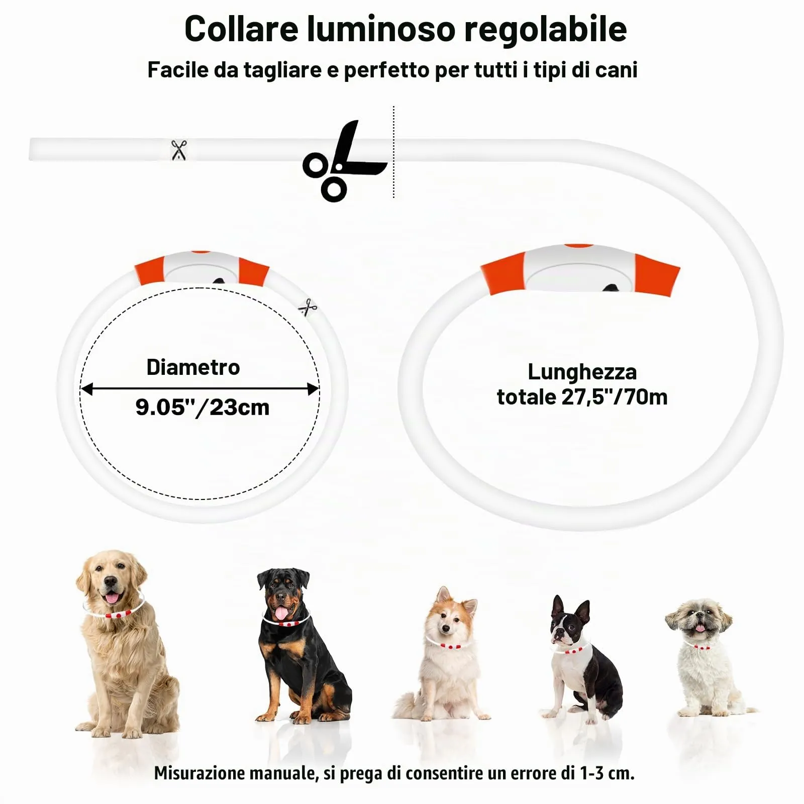 Nepfaivy Collare Luminoso per Cani a LED Ricaricabile, Impermeabile e Regolabile, 3 Modalità di Lampeggio, Rosso, XL (70cm) - immagine 2
