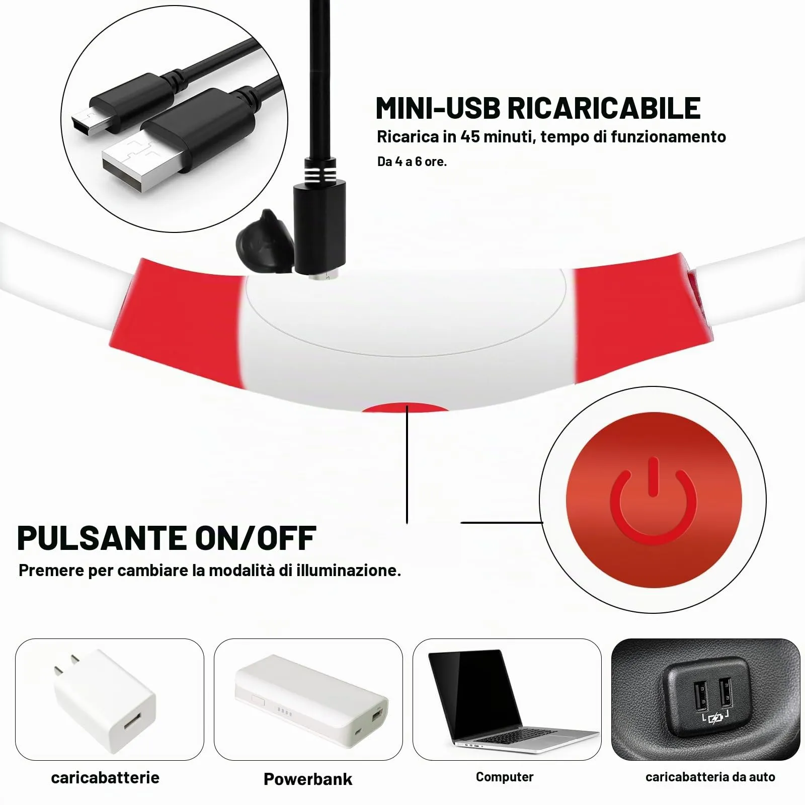 Nepfaivy Collare Luminoso per Cani a LED Ricaricabile, Impermeabile e Regolabile, 3 Modalità di Lampeggio, Rosso, XL (70cm) - immagine 3