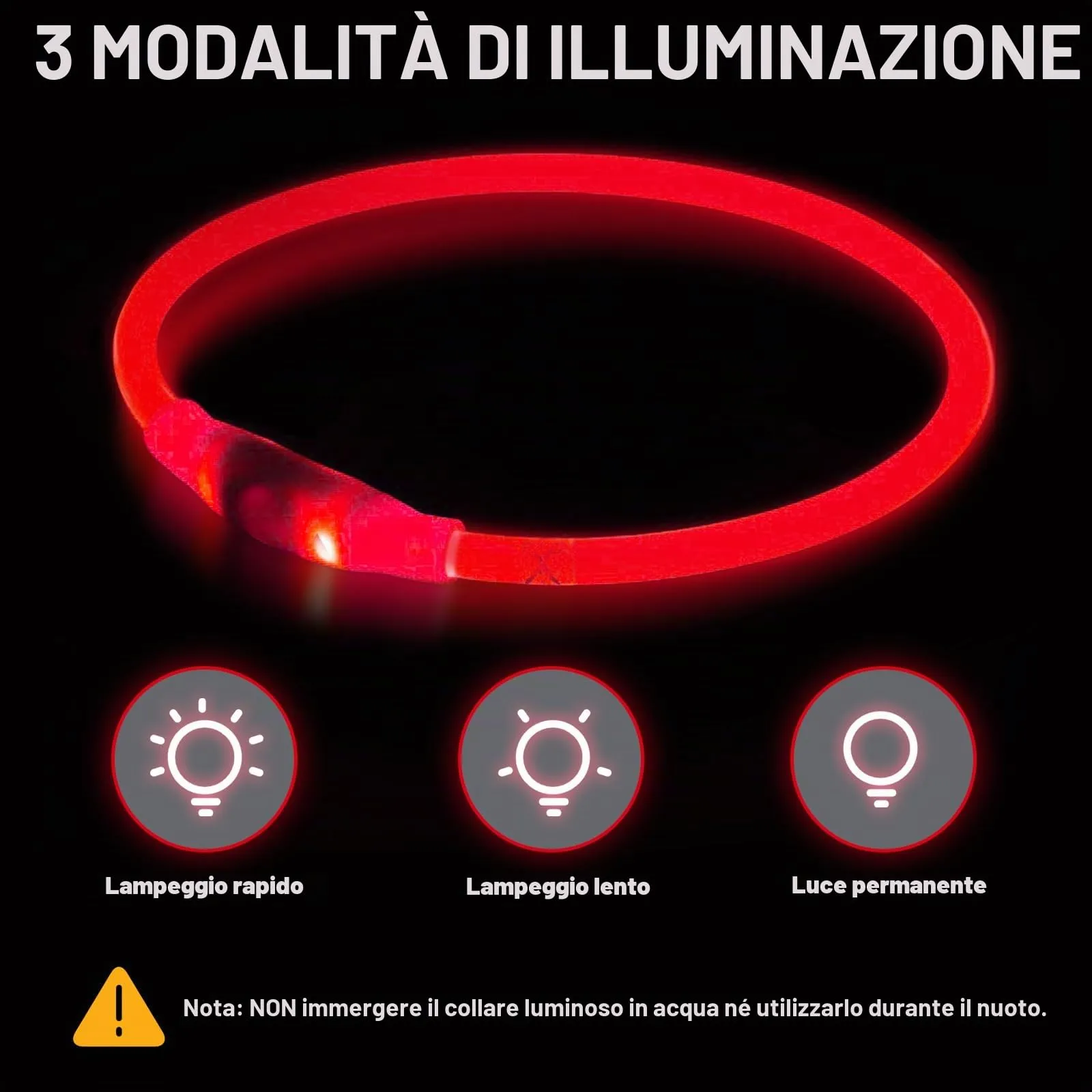 Nepfaivy Collare Luminoso per Cani a LED Ricaricabile, Impermeabile e Regolabile, 3 Modalità di Lampeggio, Rosso, XL (70cm) - immagine 4
