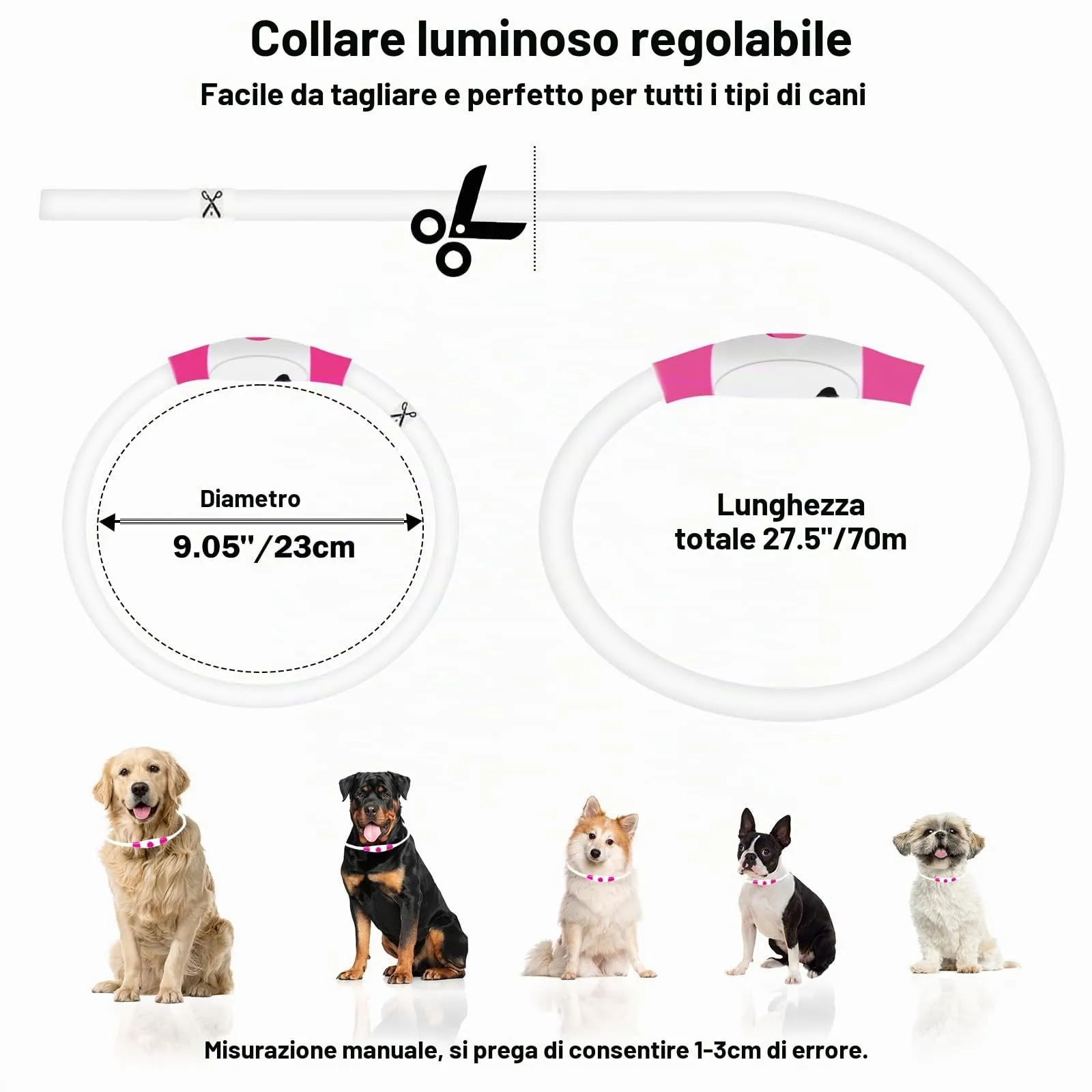Nepfaivy Collare Luminoso a LED per Cani, Ricaricabile, Impermeabile e Regolabile, 3 Modalità di Lampeggio, Blu, XL (70cm) - immagine 2