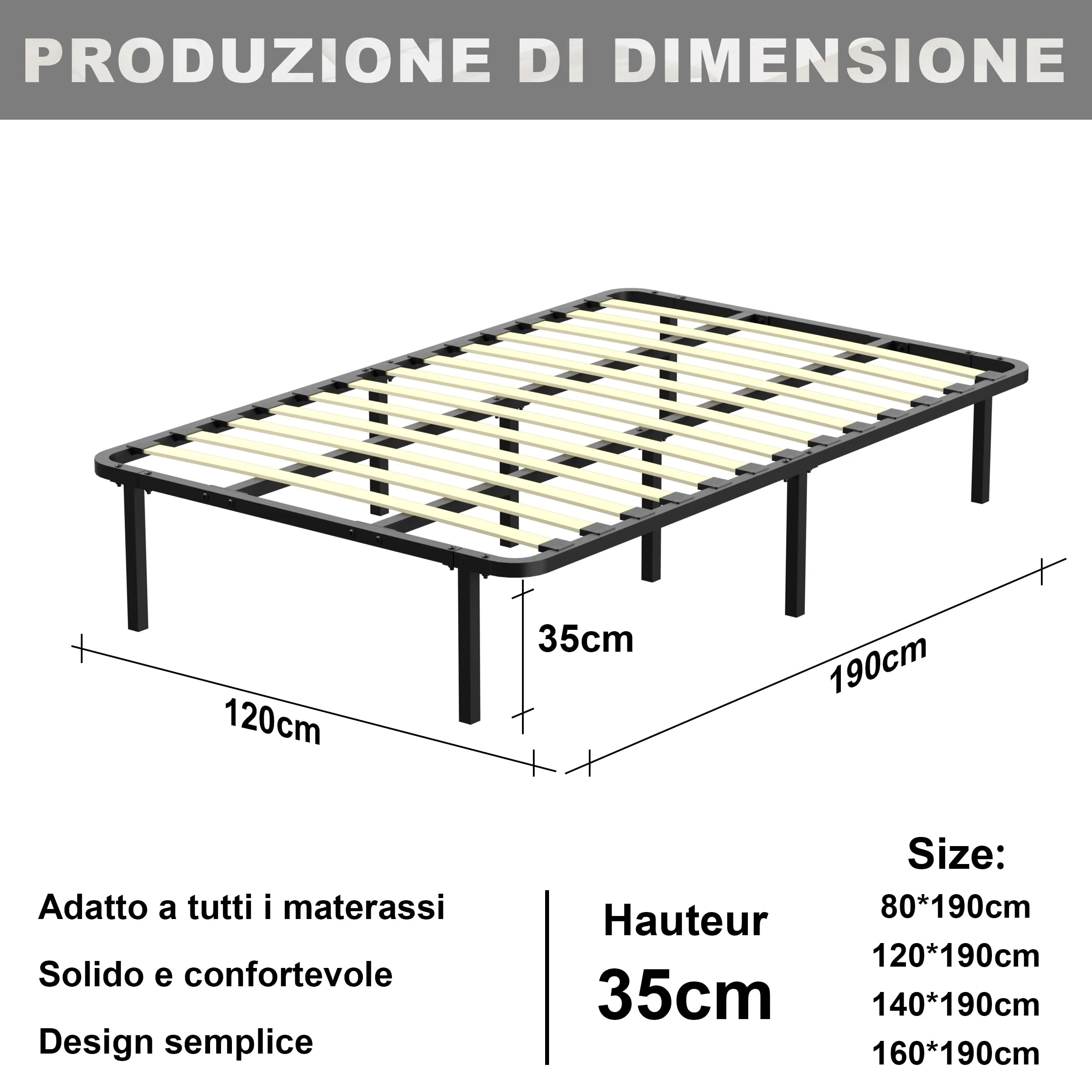 DEWINNER Rete Letto 120x190cm, Altezza 35 cm, 13 Doghe in Legno Pioppo Ortopedica con 8 Piedi - immagine 2