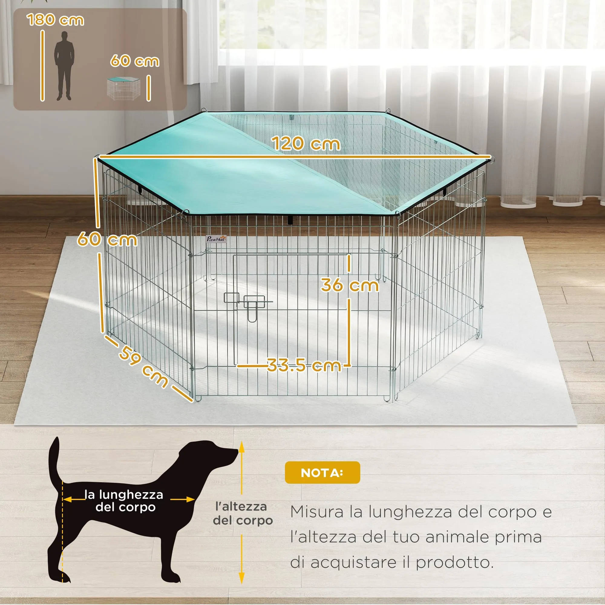 PawHut Recinto Pieghevole per Cani e Cuccioli in Filo Metallico 120cm x 60cm con Copertura in Poliestere Impermeabile - immagine 7