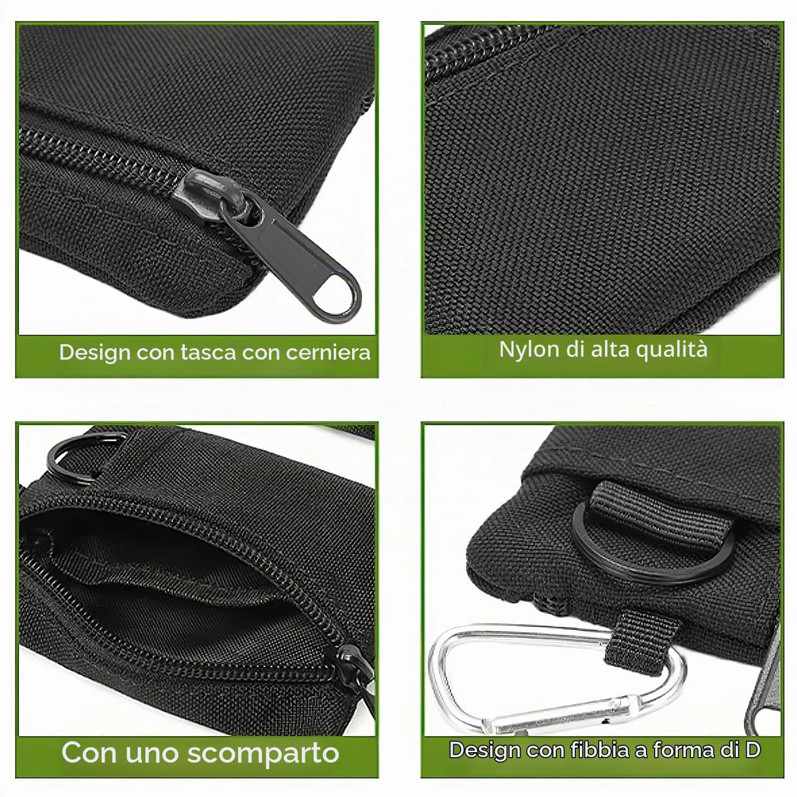 VYNZOR Portamonete Uomo in Nylon con Cerniera e Moschettone, Nero - immagine 3