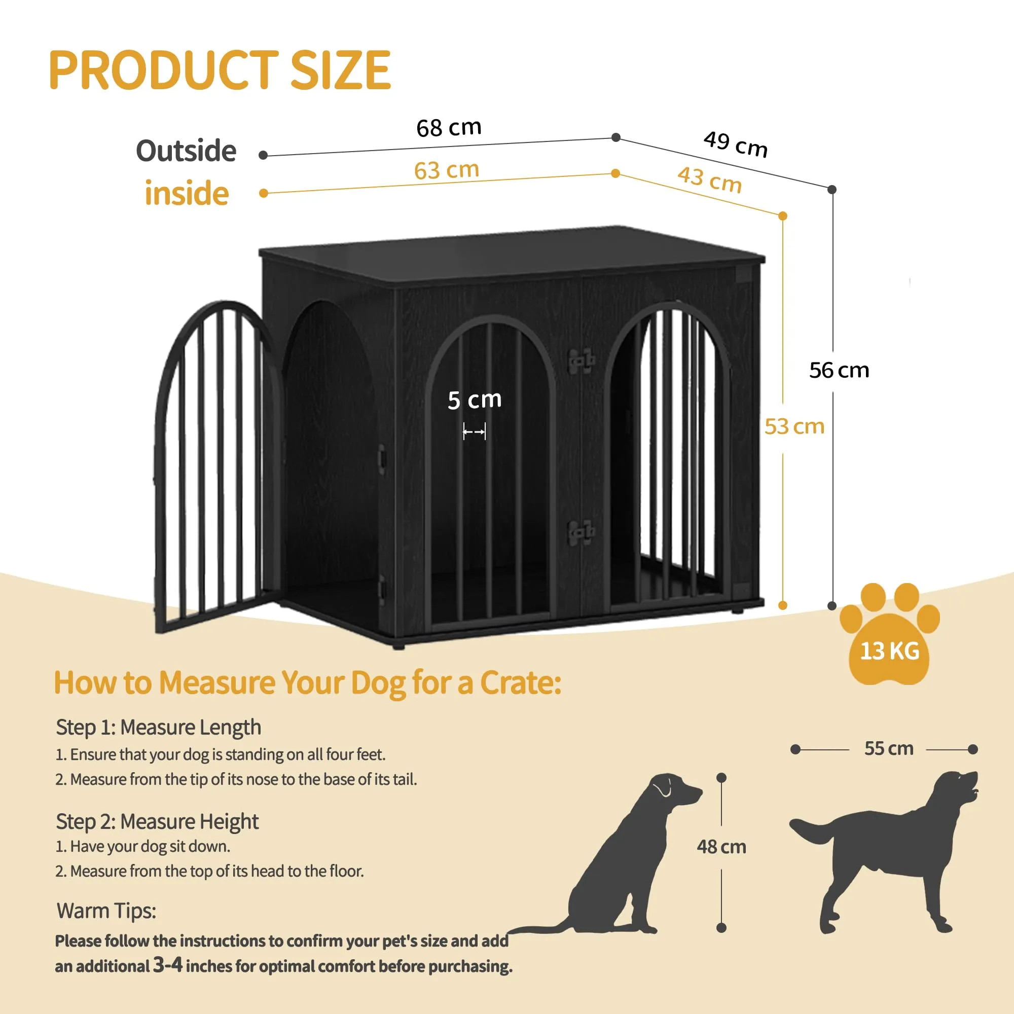 Hzuaneri Gabbia per Cani con Tavolo Supplemento, Nero, 68 x 49 x 56 cm - immagine 2
