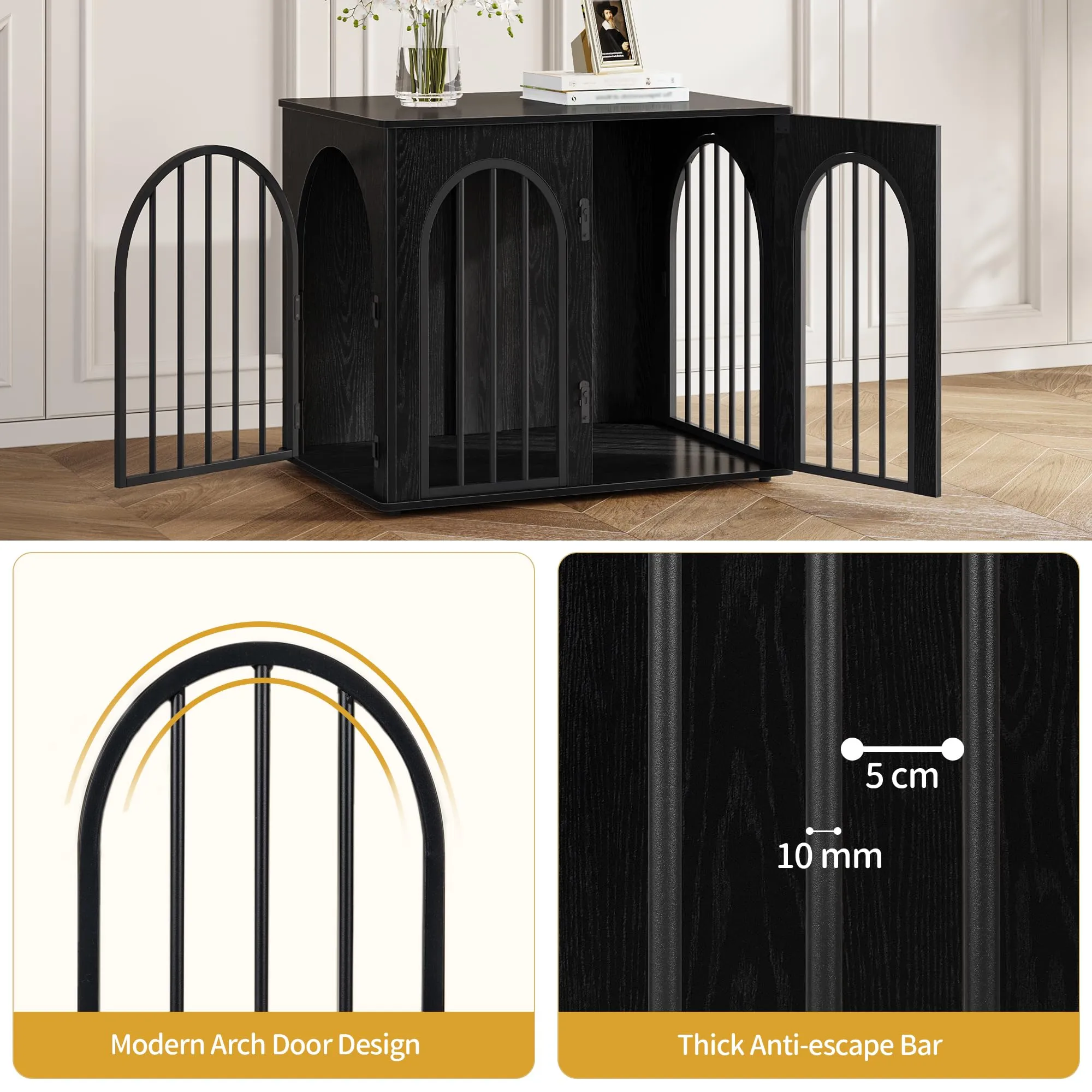Hzuaneri Gabbia per Cani con Tavolo Supplemento, Nero, 68 x 49 x 56 cm - immagine 4