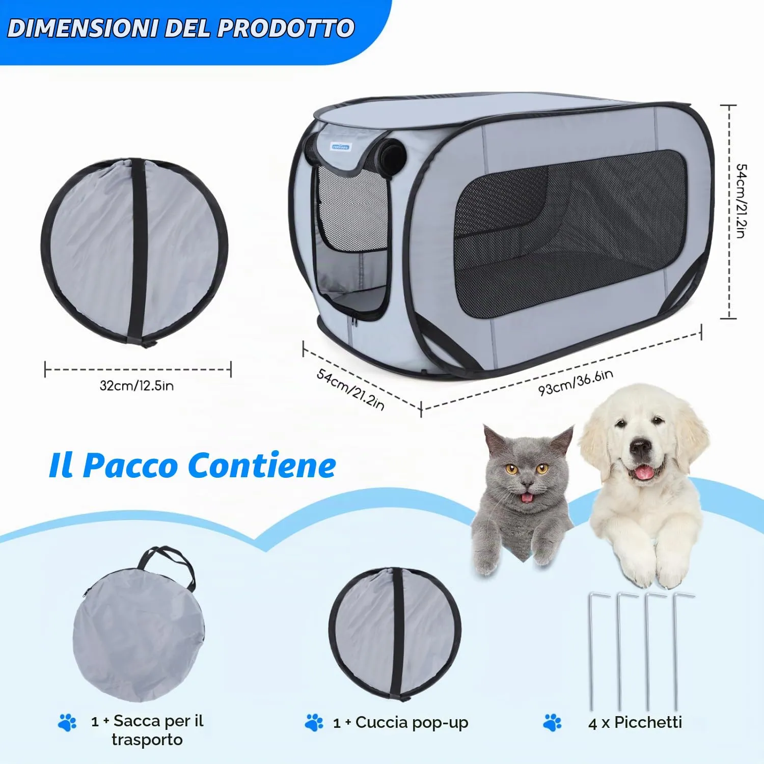 Nobleza Gabbia Portatile per Cani e Gatti, Recinto Pieghevole in Tessuto Oxford 210D Impermeabile, 93x54x54cm - immagine 2